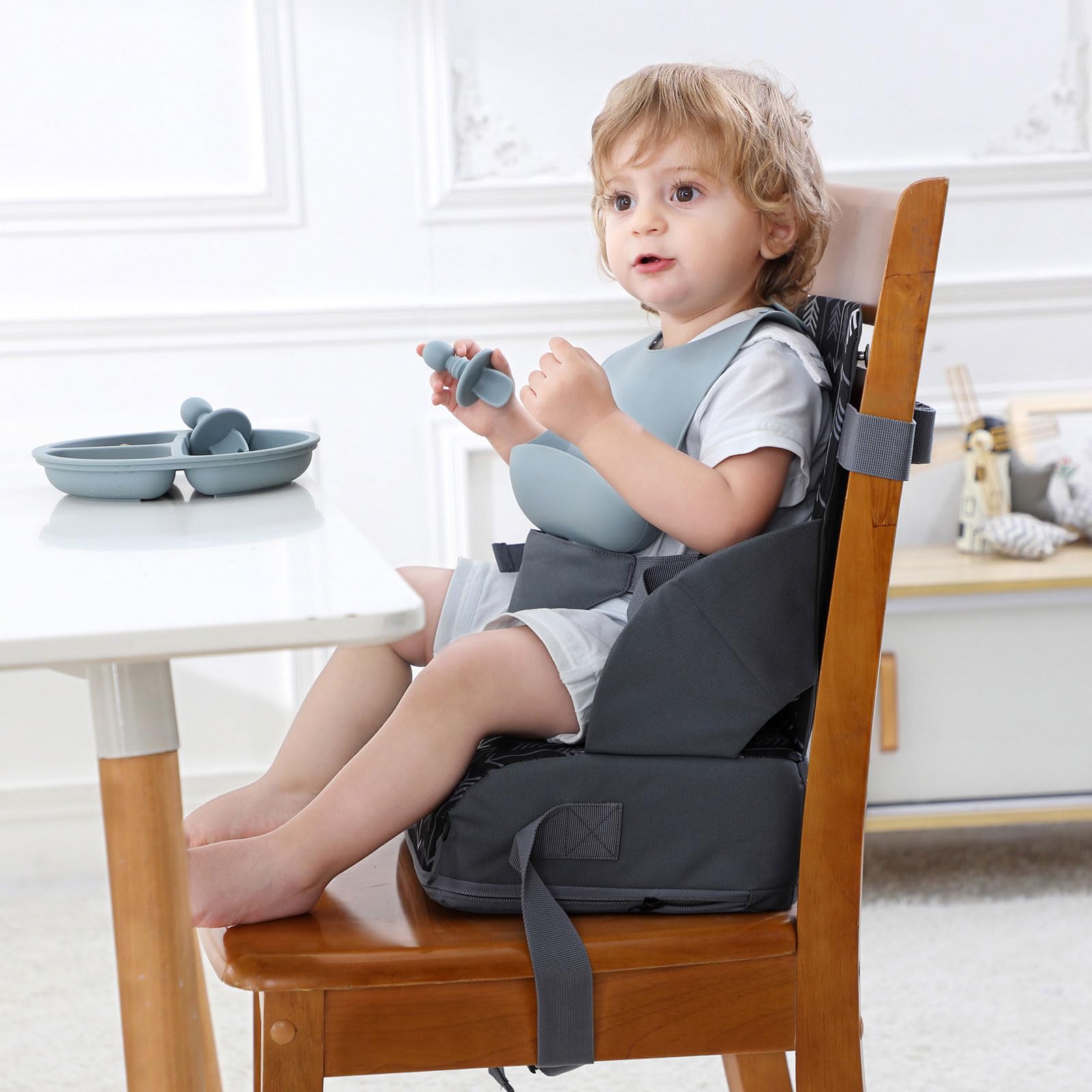 Asiento elevador plegable para niños pequeños, cojín elevador para mesa de comedor, cojín elevador de cinturón ajustable, cojín elevador para niños