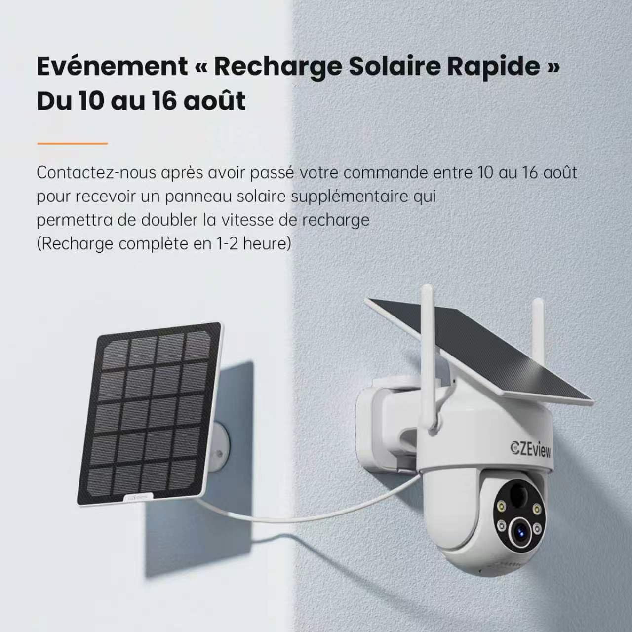 CZEview 2K Camera Surveillance WiFi Extérieure Solaire sans Fil, Blanche | 100 % sans fil, HD 2K, vision nocturne, alertes de mouvement, PTZ 360°, IP65 , grande autonomie de la batterie