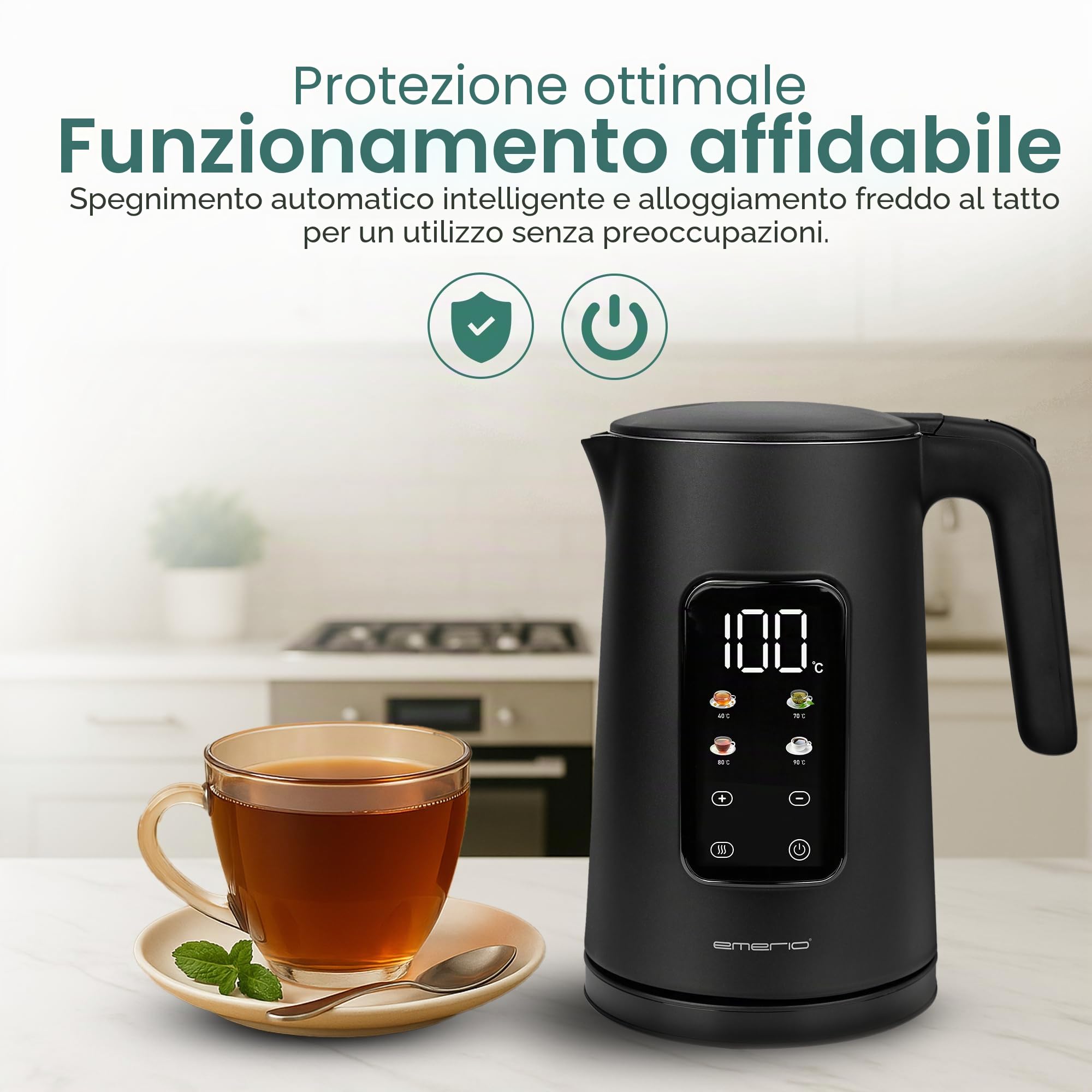 EMERIO Bollitore in acciaio inox, 1,7 l, doppia parete isolata, scelta della temperatura 40 – 100 °C in incrementi di 5 °C, display con varietà di tè preprogrammate, senza BPA, 2200 W, spegnimento