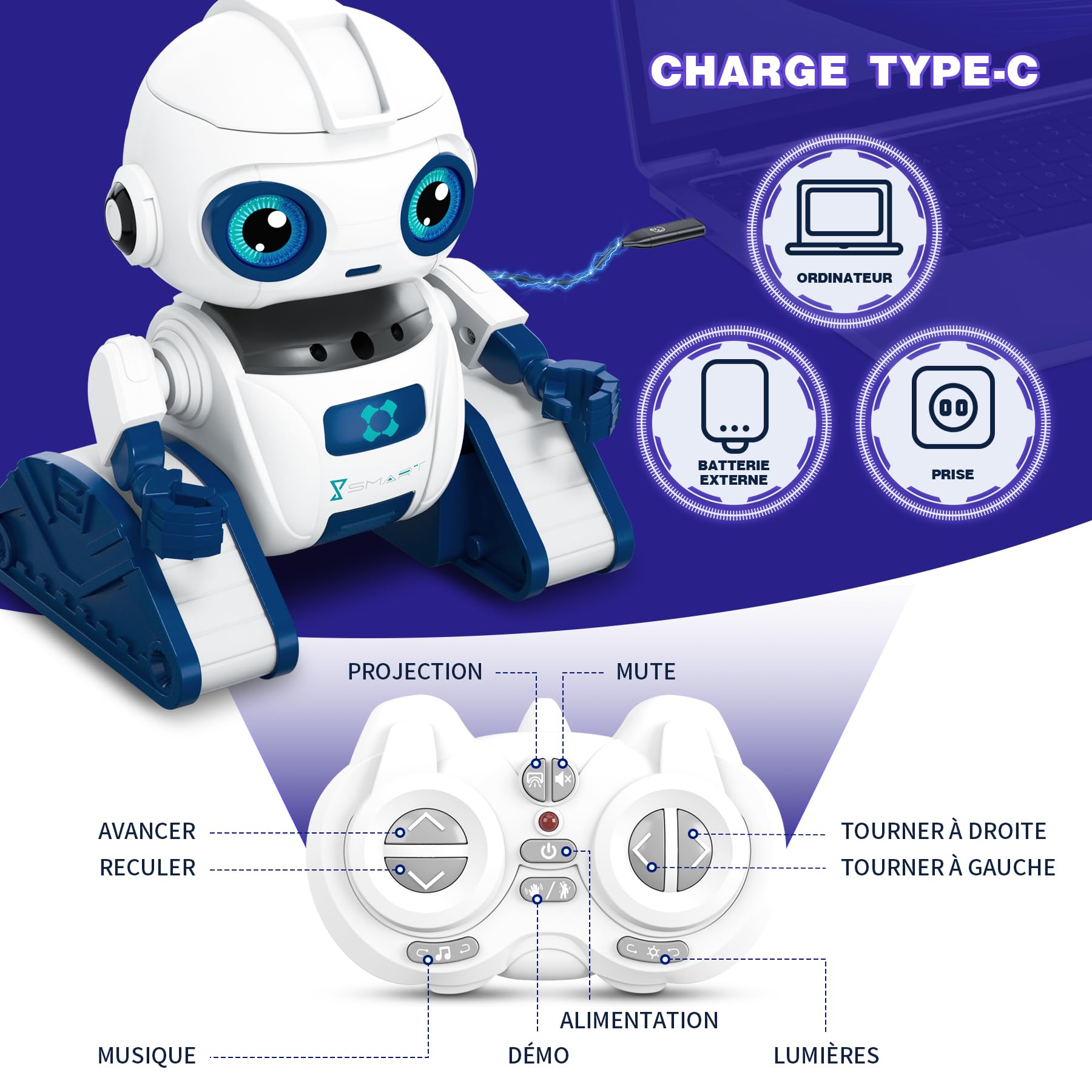 Robot Enfant Jouet, Projecteur Ciel Etoile, Robot Télécommandé Rechargeable, Intelligent Geste ContrôLe, Jouet Cadeaux d'anniversaire pour Garçons et Filles âgés de 4, 5, 6, 7, 8