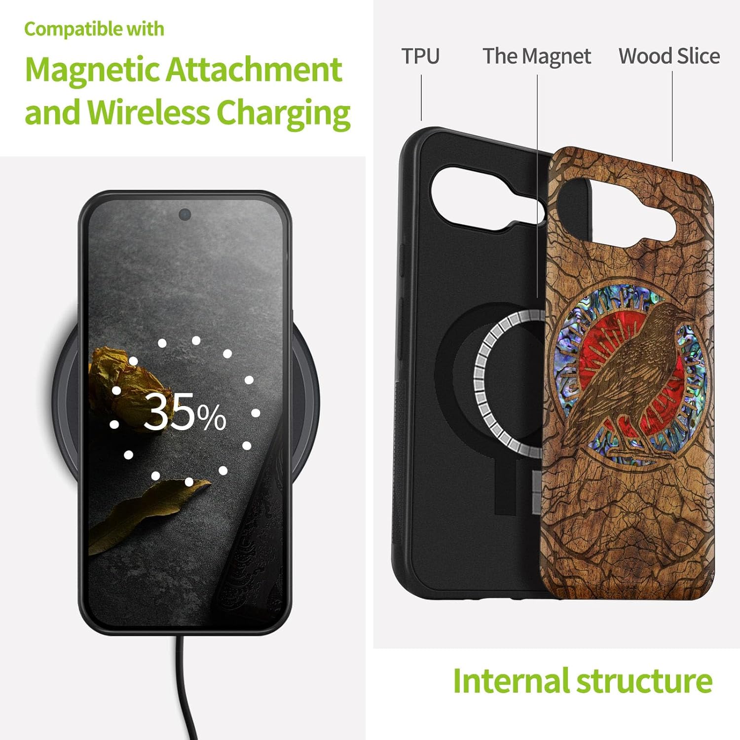 Carveit Magnetic Wooden Case for Google Pixel 9a Case, Wood Artisan Engraved & Handmade Shell Inlaid, Compatible with MagSafe Wireless Chargers (The Haloed Crow) Walnut