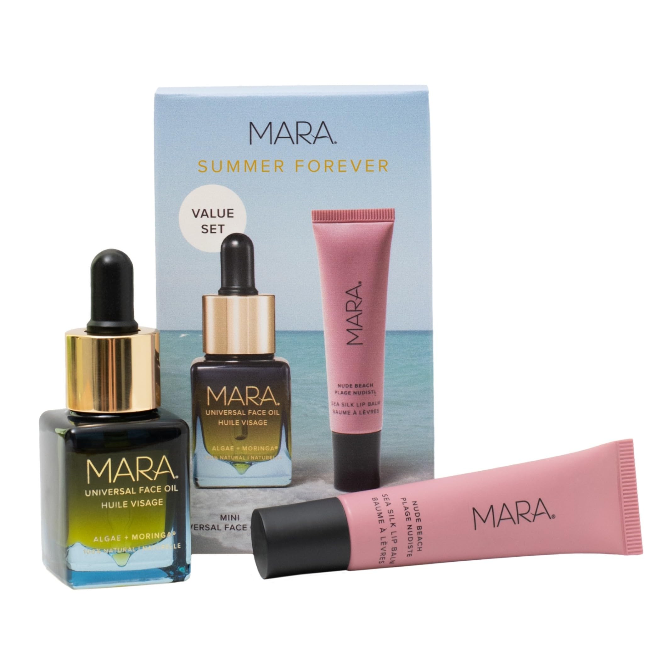 MARA - Summer Forever Set | Mini Universal Face Oil (15 ml) + Sea Silk Lip Balm (Nude Beach, 15 ml) | Plant-Based, Gluten-Free Skin Care | For All Skin Types, Hydrating, Nourishing