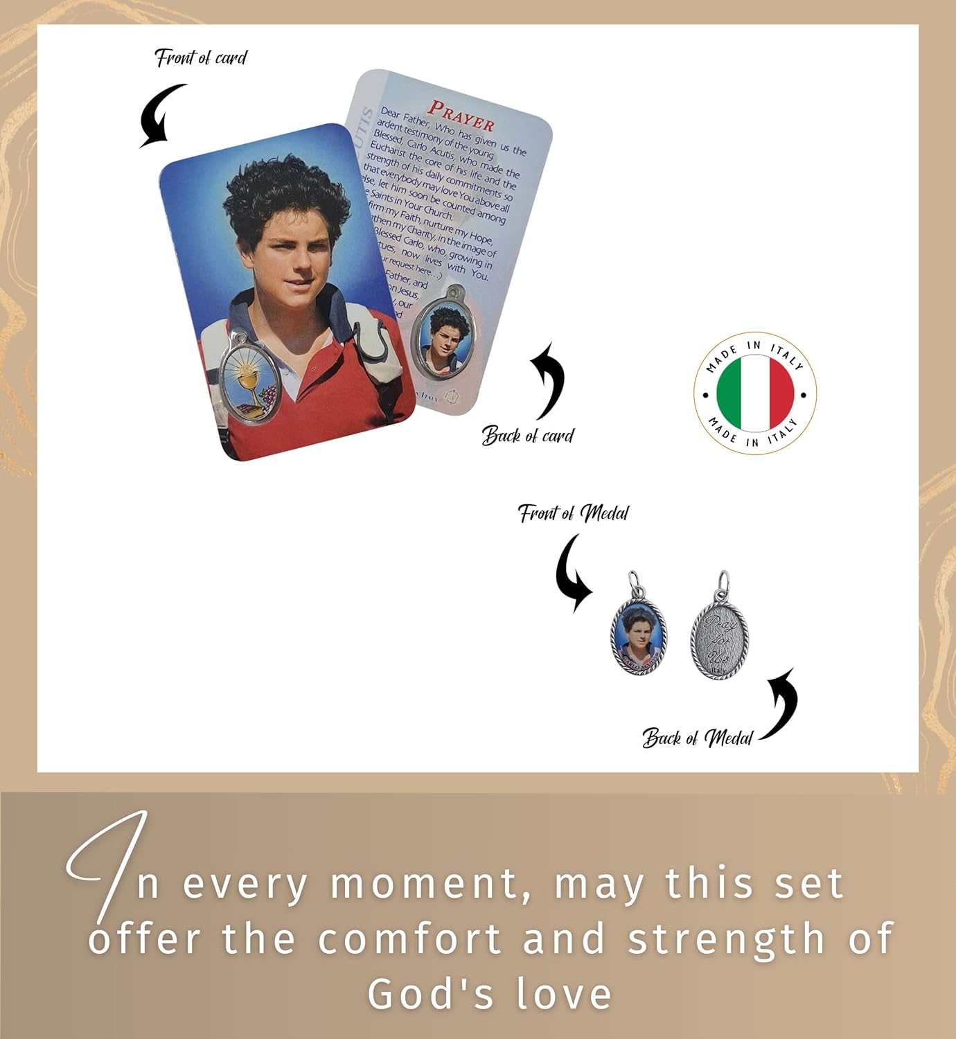 Trendzeen Carlos Acutis Prayer Card - Laminated Blessed Carlo Acutis Holy Card with Affixed Medal Inside, Oval Blessed Carlos Medal, The Lord's Prayer - 3 Items Set - Image 7