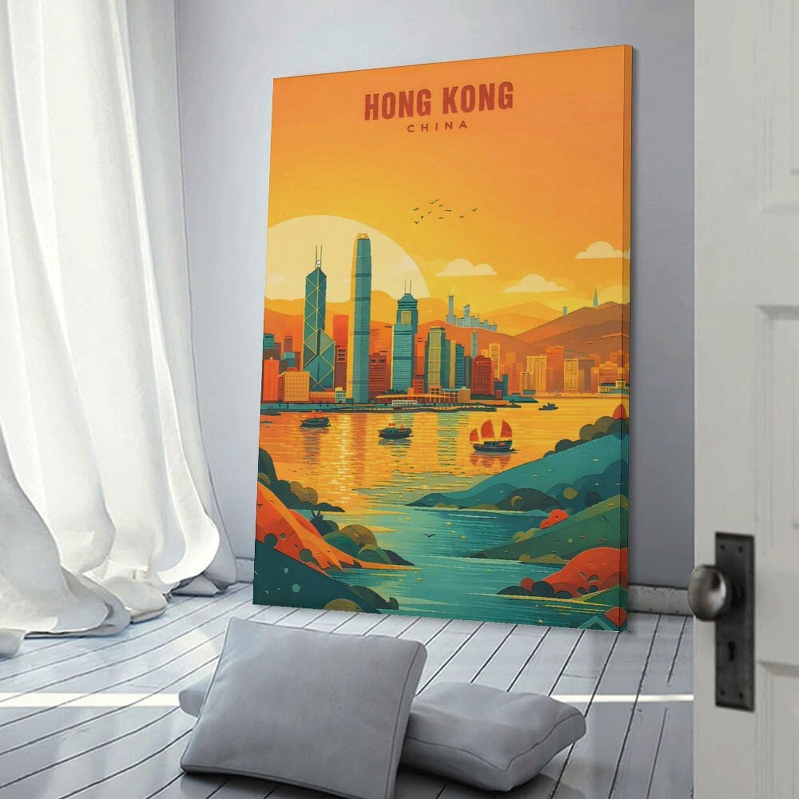 Junmoney Hong Kong Skyline at Sunset Canvas Art Print, 24x36inch(60x90cm), for Living Room, Bedroom Or Home Office, A Wall Art Gift for Fresh Interiors