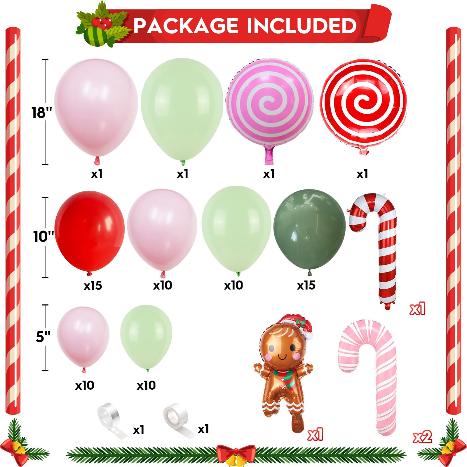 150-Piece Christmas Balloon Arch Kit | Pastel Pink Green Brown Red With Candy Cane & Gingerbread Foil Balloons