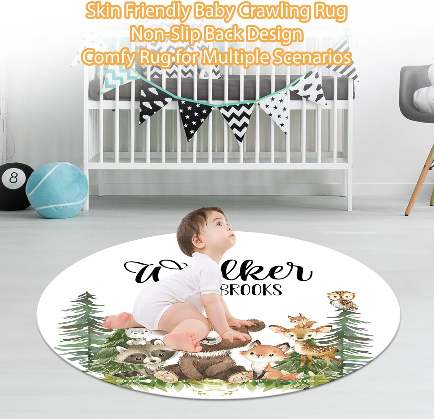 Custom Baby Crib Bedding Set - 5 Piece Nursery Crib Set Woodland Animals Design - Personalized Name Blanket with Dotted Backing, Crib Sheet, Changing Pad Cover, Pillow Cover, Rug for Newborns Color01