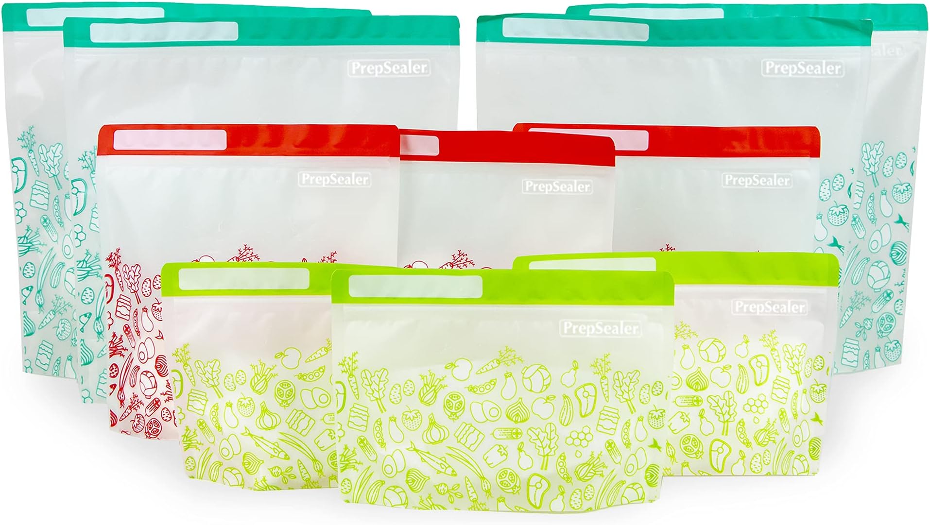PrepSealer Reusable Food Storage Bags – Keep Fruits, Veggies & Meats Fresh Longer -10 Pieces (3 S, 3 M, 4 L)