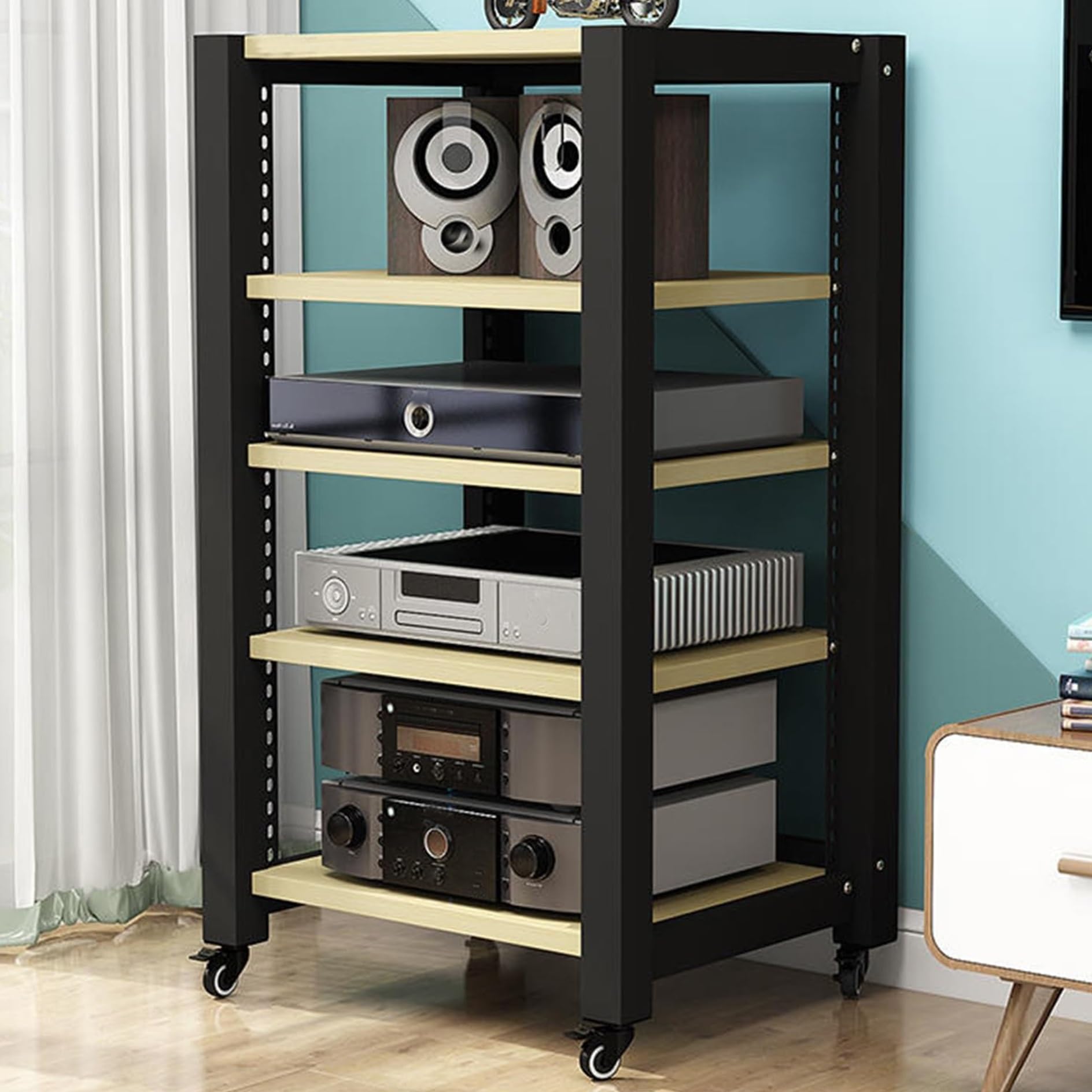 Supporto multimediale Regolabile a più Livelli per TV e Videogiochi, mobiletto Porta Dvd a 6 Ripiani, scaffale per Centro di intrattenimento, Acero Bianco, scaffalatura a 2/3/4/5 Livelli