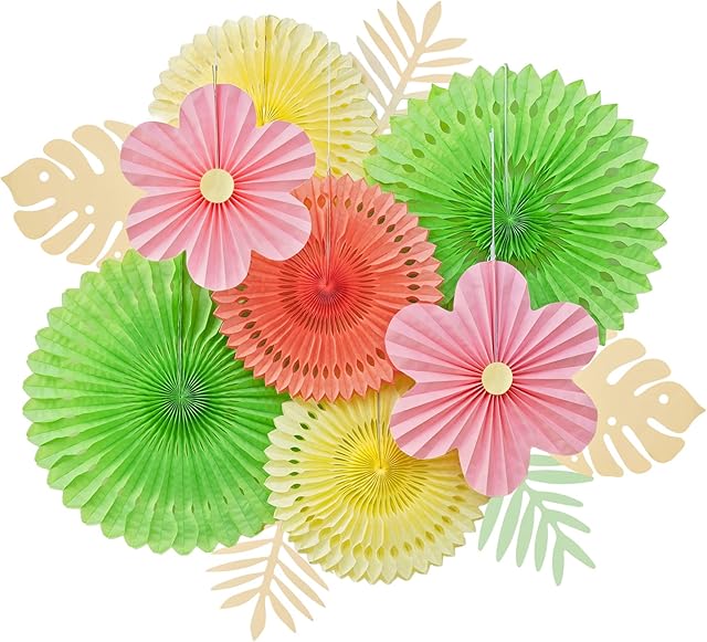 SUNBEAUTY 12 sztuk papierowych wachlarzy dekoracyjnych, girlanda wisząca, różowe, zielone, żółte, kwiaty, wachlarze papierowe, zestaw dekoracyjny na wesele, urodziny, lato, dekoracja stołu, baby shower, girlanda