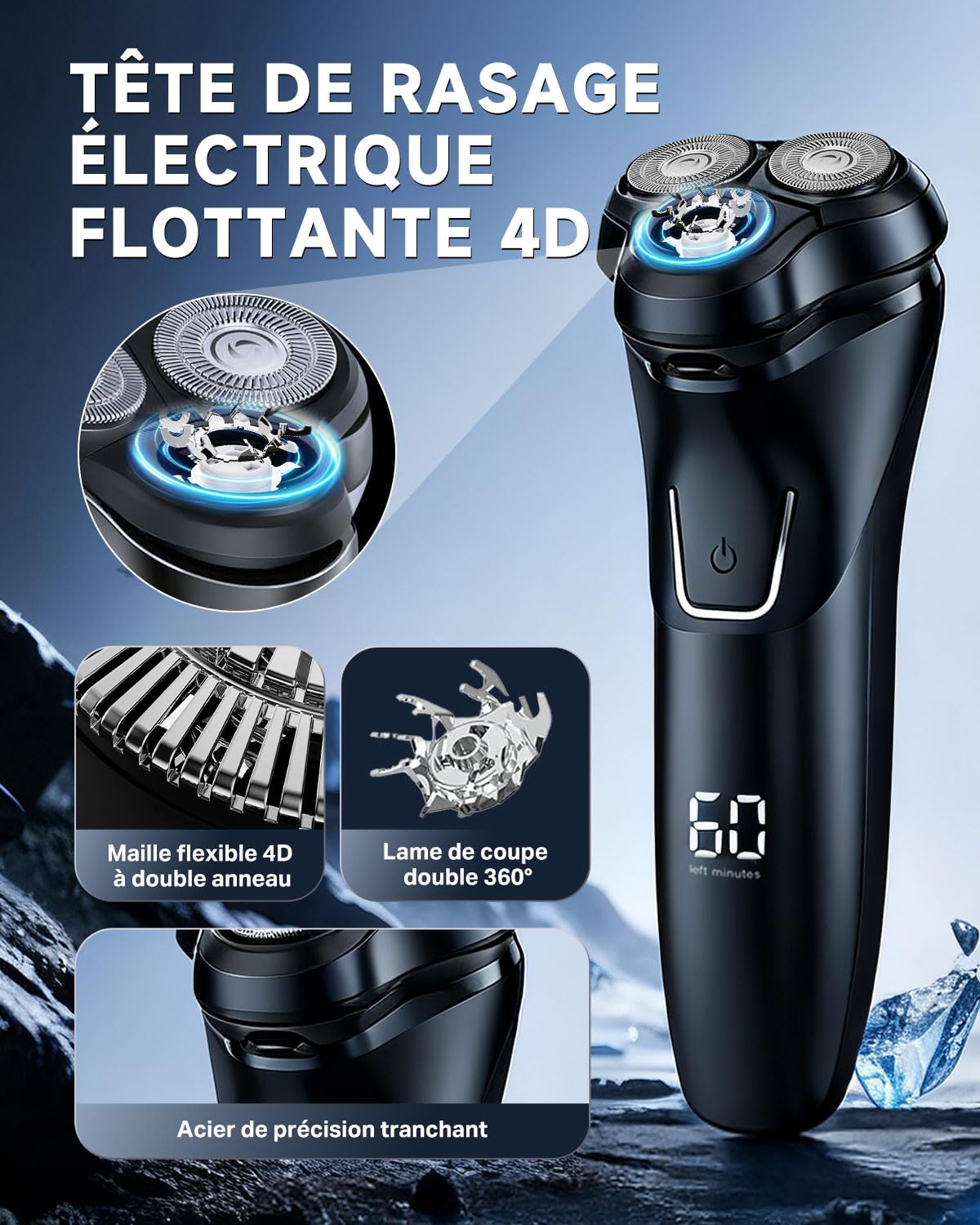 Rasoir Electrique Homme avec Écran LCD, IPX7 Étanche pour Rasage Sec et Humide, 4D Tête Flottante, 120 Min d'Autonomie, Rasoir Rechargeable avec Verrouillage de Voyage, Idéal pour Peau Sensible (Noir)