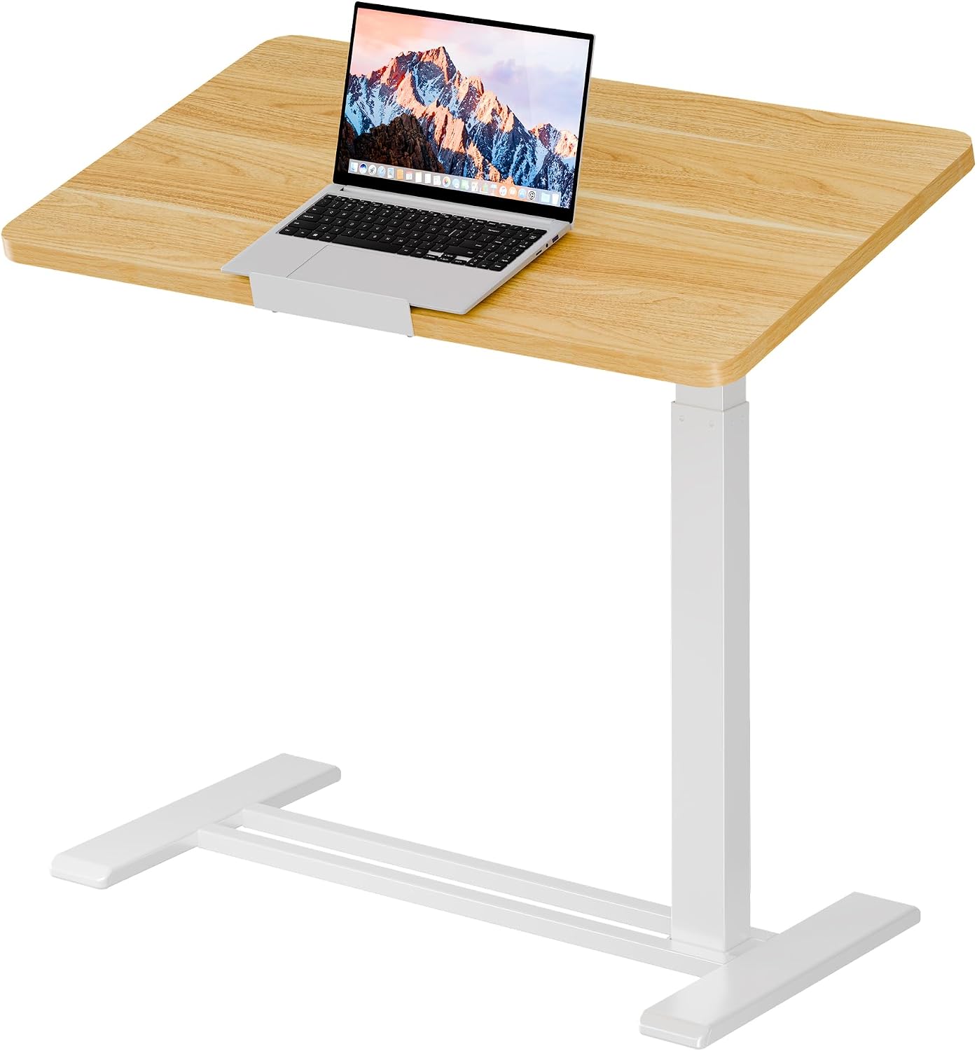 SANODESK Rolling Overbed Table with Wheels, Pneumatic Adjustable Height Laptop Desk with Tilting Desktop, Mobile Bedside Table for Home Office, Hospital & Sofa, Maple, 31.5"x 17.7"