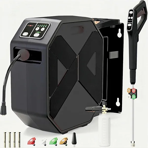 BAYOTAK Pressure Washer, 5000MAX-PSI Wall Mounted Power Washer with 100 FT Retractable Hose, Remote Control, Foam Cannon, 5 Connect Nozzles for Garage/Patio/Home Cleaning