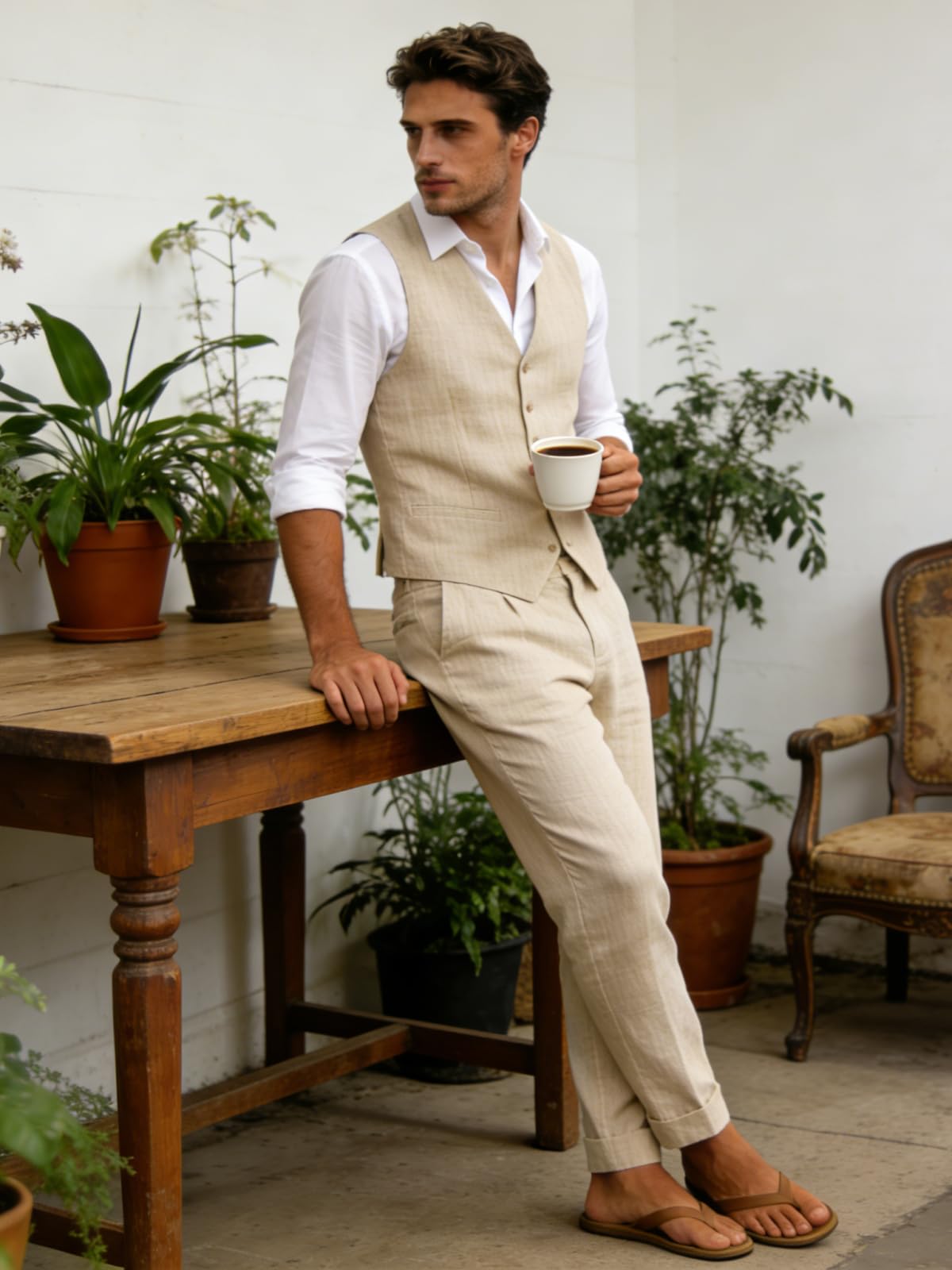 Herrenanzug aus Leinen, 2-teilig, schmale Passform, für Abschlussball, Strand, Hochzeit, Bräutigam, Weste, Hose, Set, lässig, Sommer, Leinen-Outfit