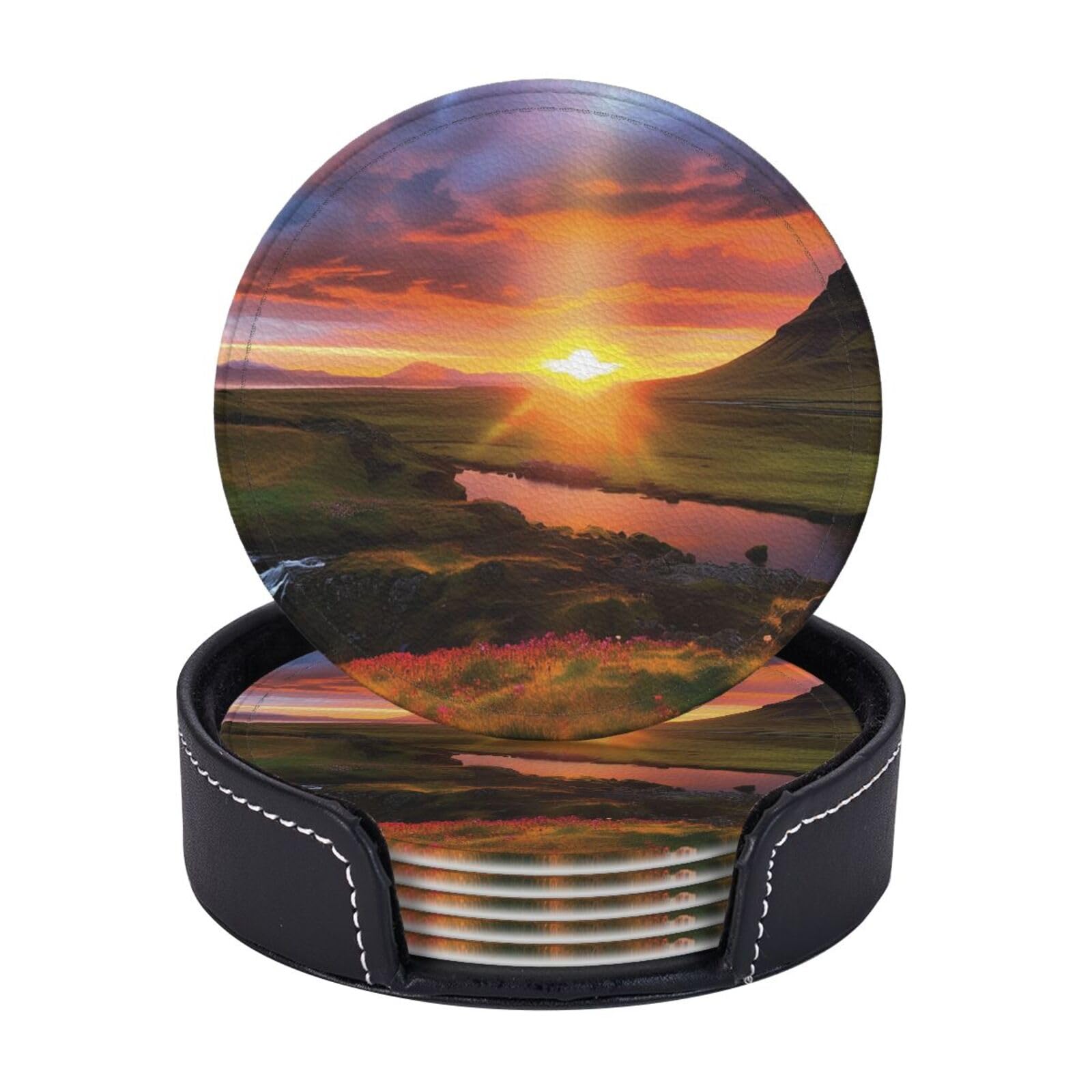 6Pcs PU Leather Coaster for Drinks, Iceland Sunset Cup Coasters with Holder, Aesthetic Drink Coasters for Coffee Table, Round Coaster for Tabletop Protection 4" Cup Mat Pad
