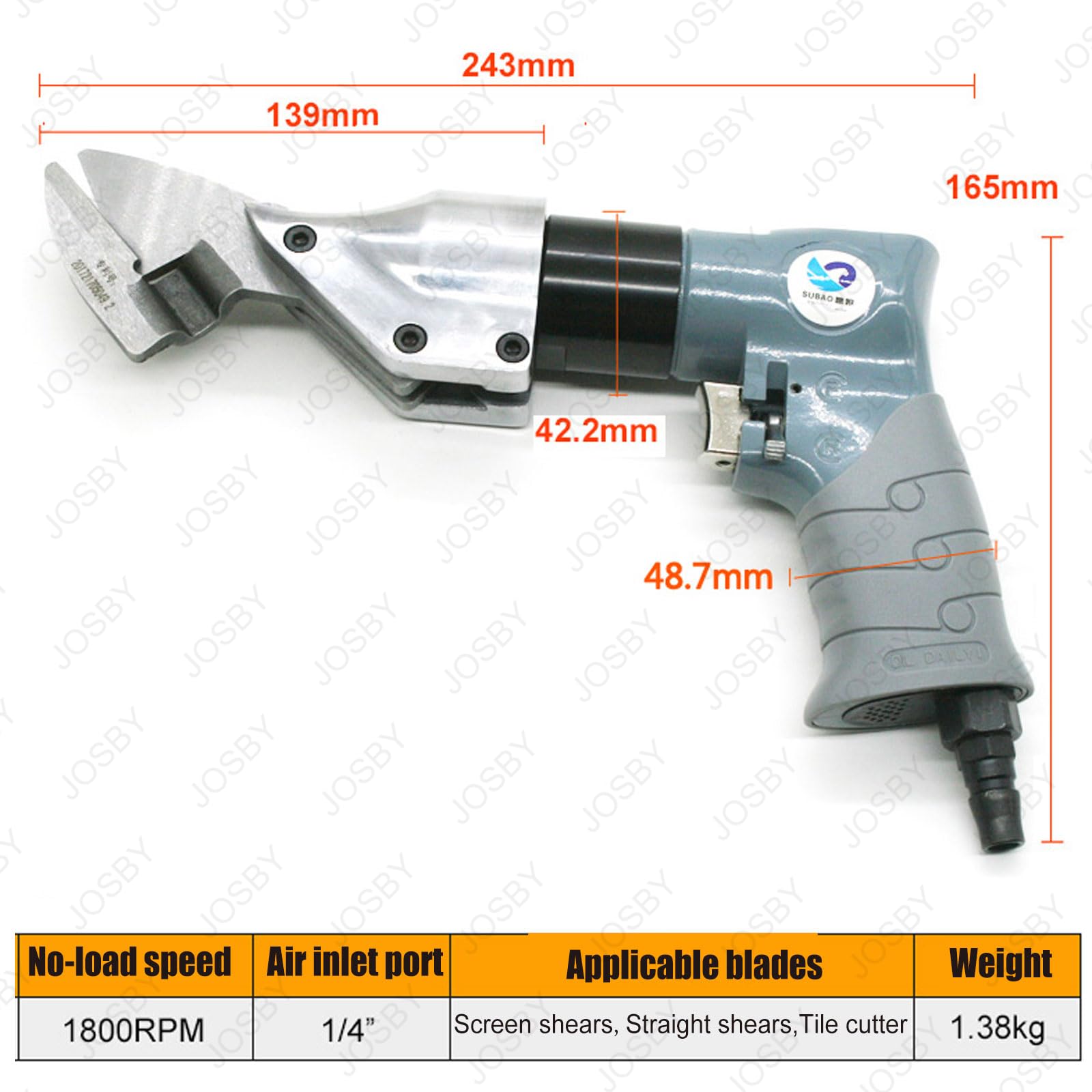 JOSBY Tijeras neumáticas industriales, cizallas Profesionales para Chapa metálica, 1800 RPM sin Carga, Entrada de Aire de 1/4", presión de Aire de Funcionamiento de 6-8 kg, Equipo para Corte de Metal