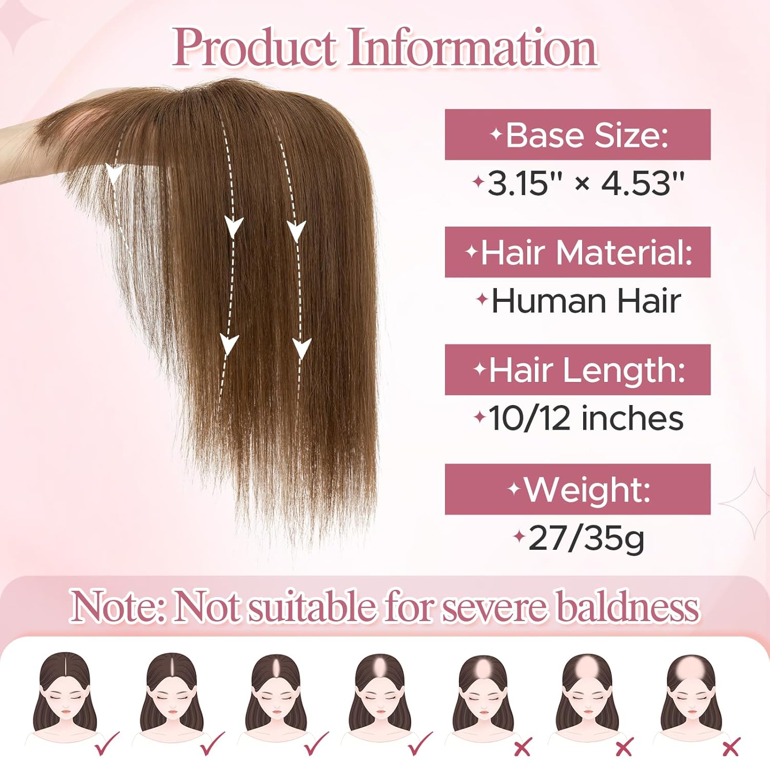 SEGOHAIR Hair Toppers for Women Real Human Hair with Wispy Bangs 3.15"x4.53" Lase Base Hair Piece with 3 Clips Easy Clip-in for Daily Volume Styling Solution 12Inches （#4R Medium Brown