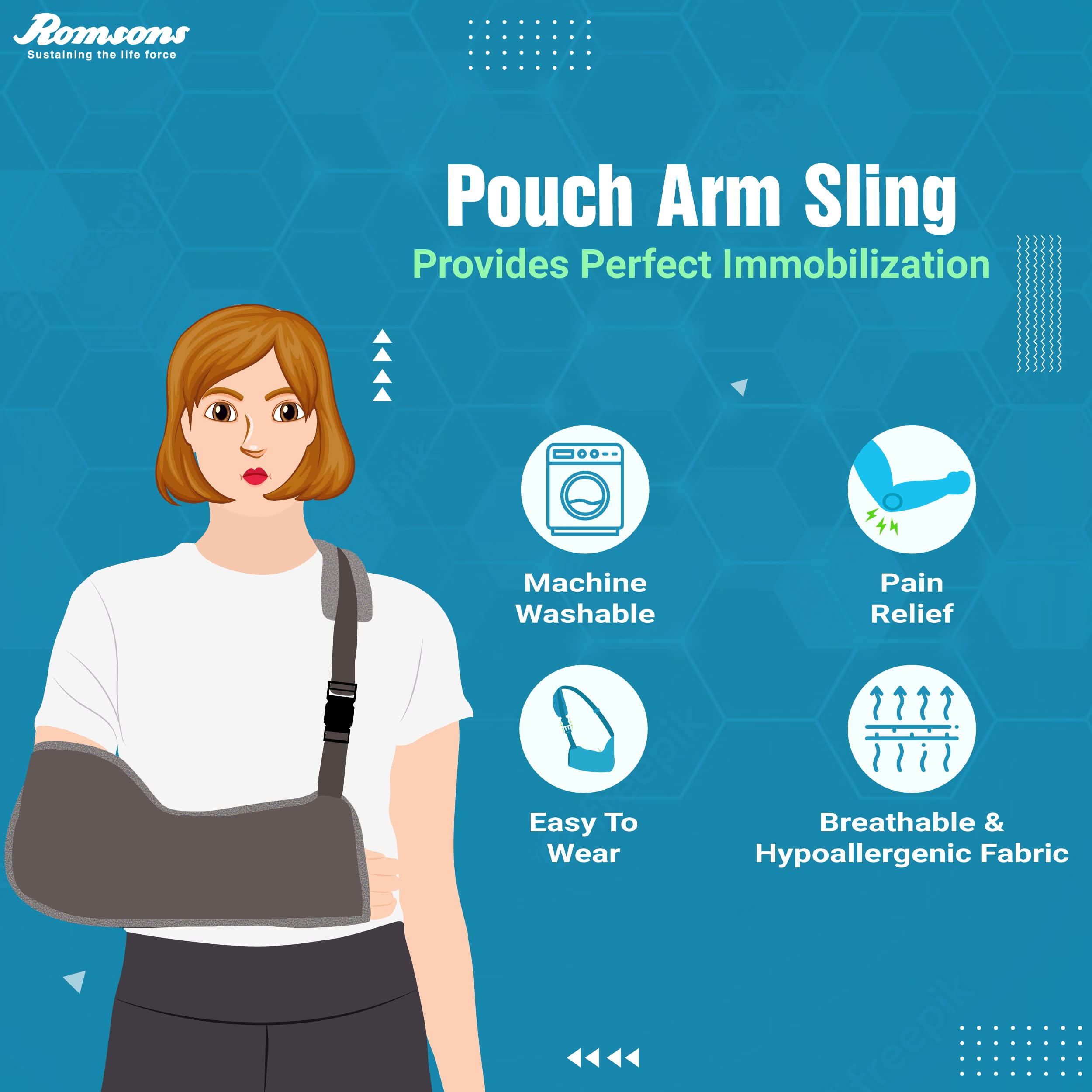 Romsons Pouch Arm Sling Hand Supporter For Fractured Arm, Hand Immobilization, Cast Support Polyester Free For Men & Women - L 3