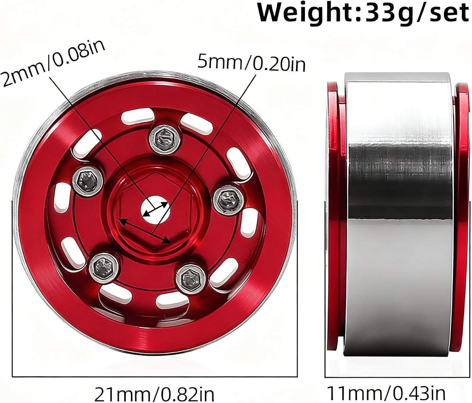 0.7” Aluminum Beadlock Wheels for 1/30 1/32 RC Crawler SCX30 / Redcat Ascent-32, -1.00mm Offset CNC Rims, 5mm Hex, 21mm OD x 11mm Width, Shims Screwdriver Included, 4 pcs, Red