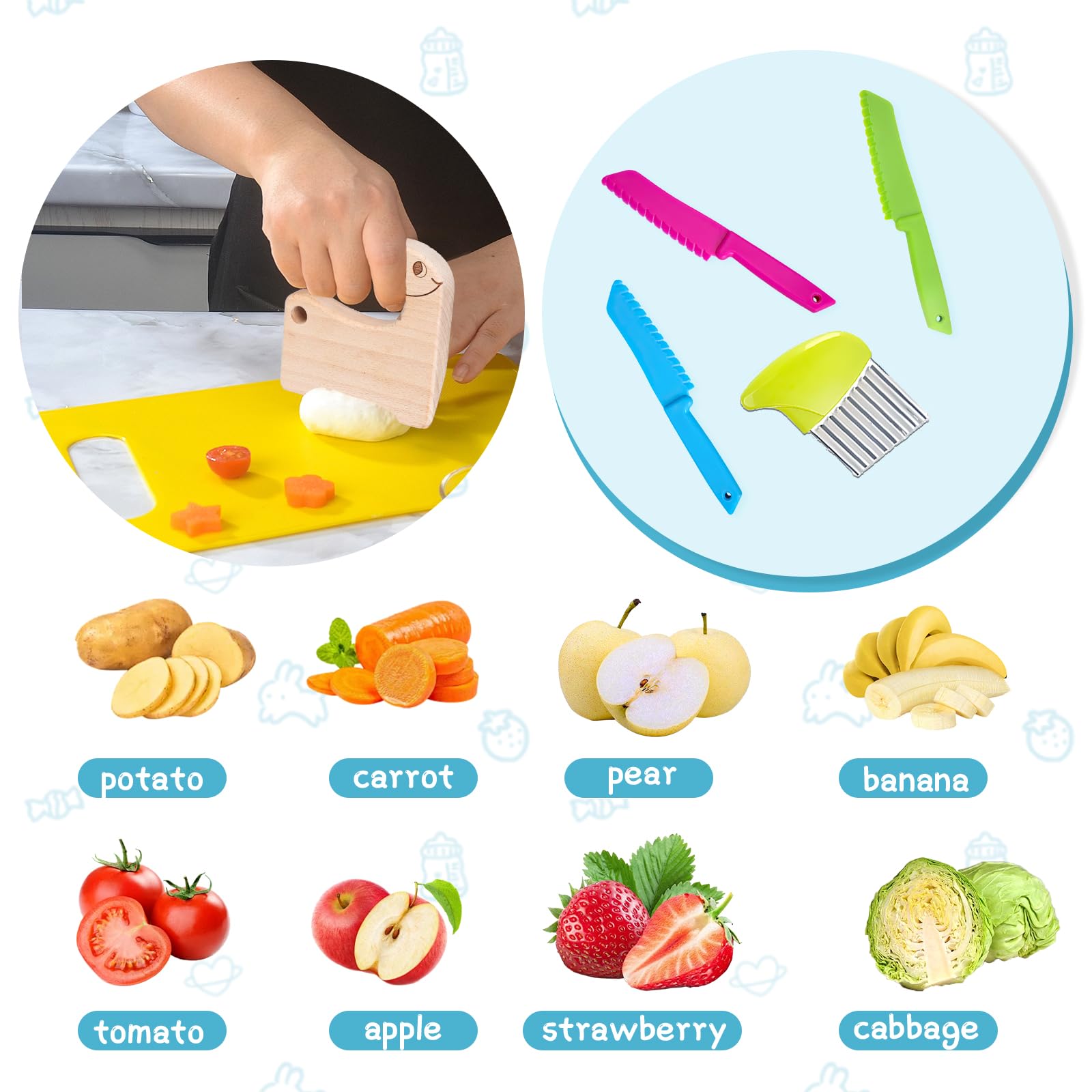 SUNXBUK 25 Pièces Kit De Couteau De Cuisine Pour Enfants,Couteau Montessori, Kit Securite De Cuisine,Enfants à Partir De 2 Ans,Pour Couper Et Cuire Les Fruits Et Légumes En Toute Sécurité