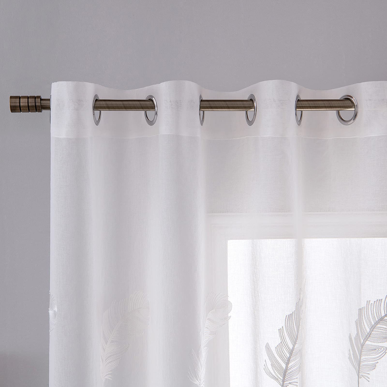 MIULEE Lot de 2 Voilage Fenêtre Broderie Plume Oeillets 140x225cm Blanc | Voilage fenêtre polyester brodé à oeillets, décoration légère adaptée au salon et chambre