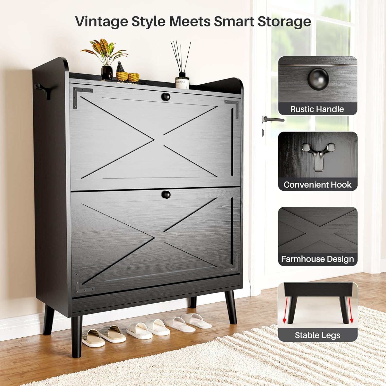 Shoe Storage Cabinet with 2 Flip Drawers, Freestanding Entryway Shoe Cabinet with 2 Side Hooks & Adjustable Shelves Slim Shoe Organizer Cabinet Narrow Shoe Rack for Entrance Hallway Front Door,Black