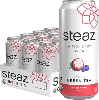 Steaz Organic Superfruit Green Tea Iced Tea (12 Pack) - Antioxidant Brew, 65mg Caffeine, Vitamin C, Vegan Fair Trade Cans