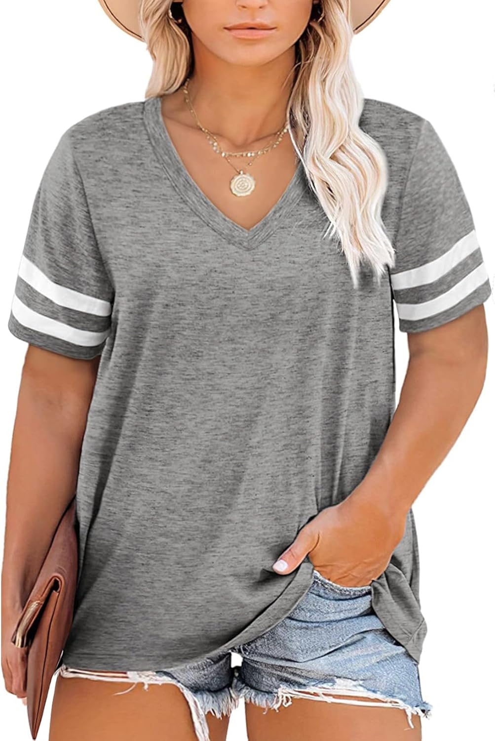 Happy Sailed Womens Plus Size Tunic Tops Summer Short Sleeve V Neck Striped Loose Casual Tee Shirt(1X-5X)