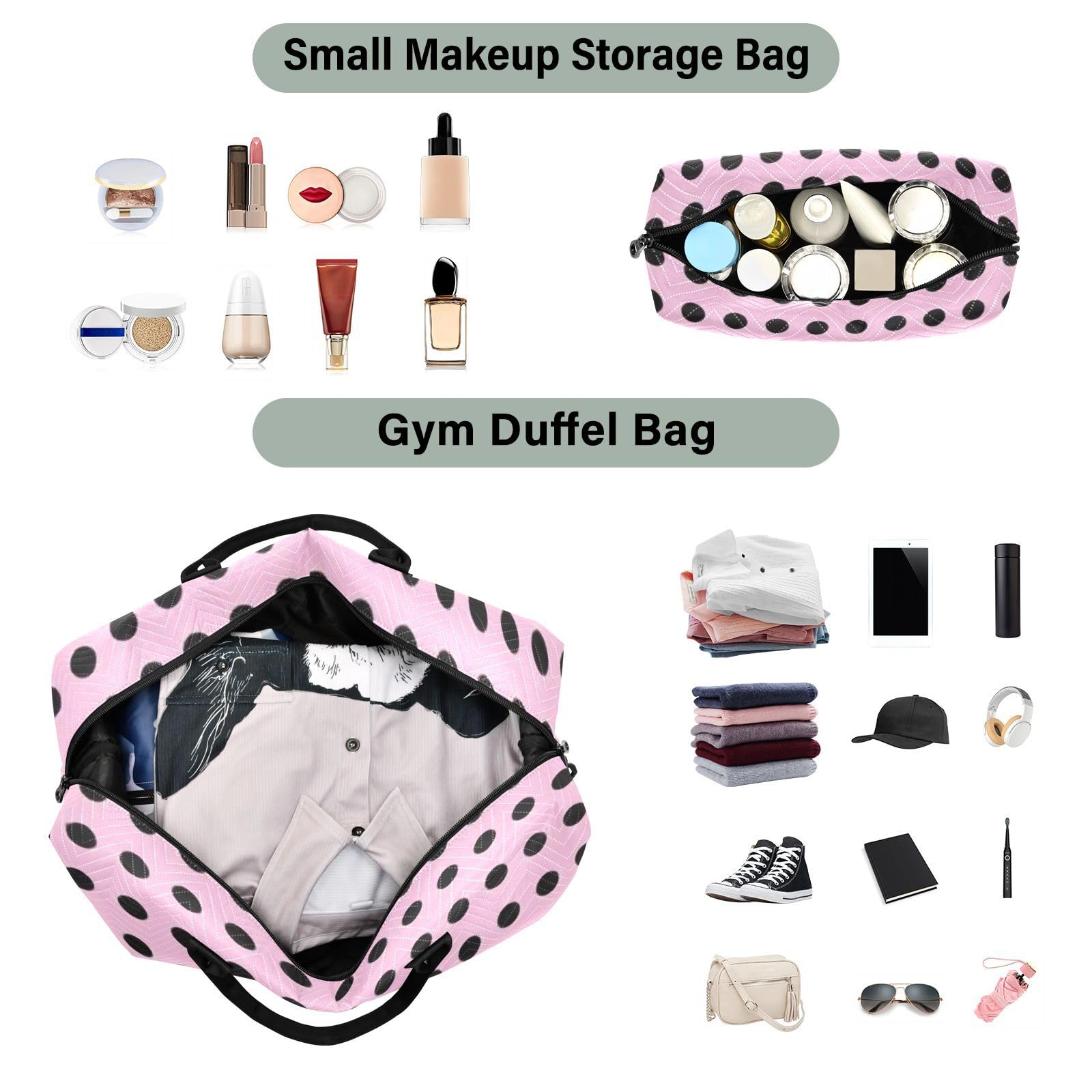 Reisetaschen-Set, große Tasche und Mini-Tasche, Ultraschall, gesteppt, Kulturbeutel, leichte Aufbewahrung, Rouge-Punkte, One Size, Klassisch