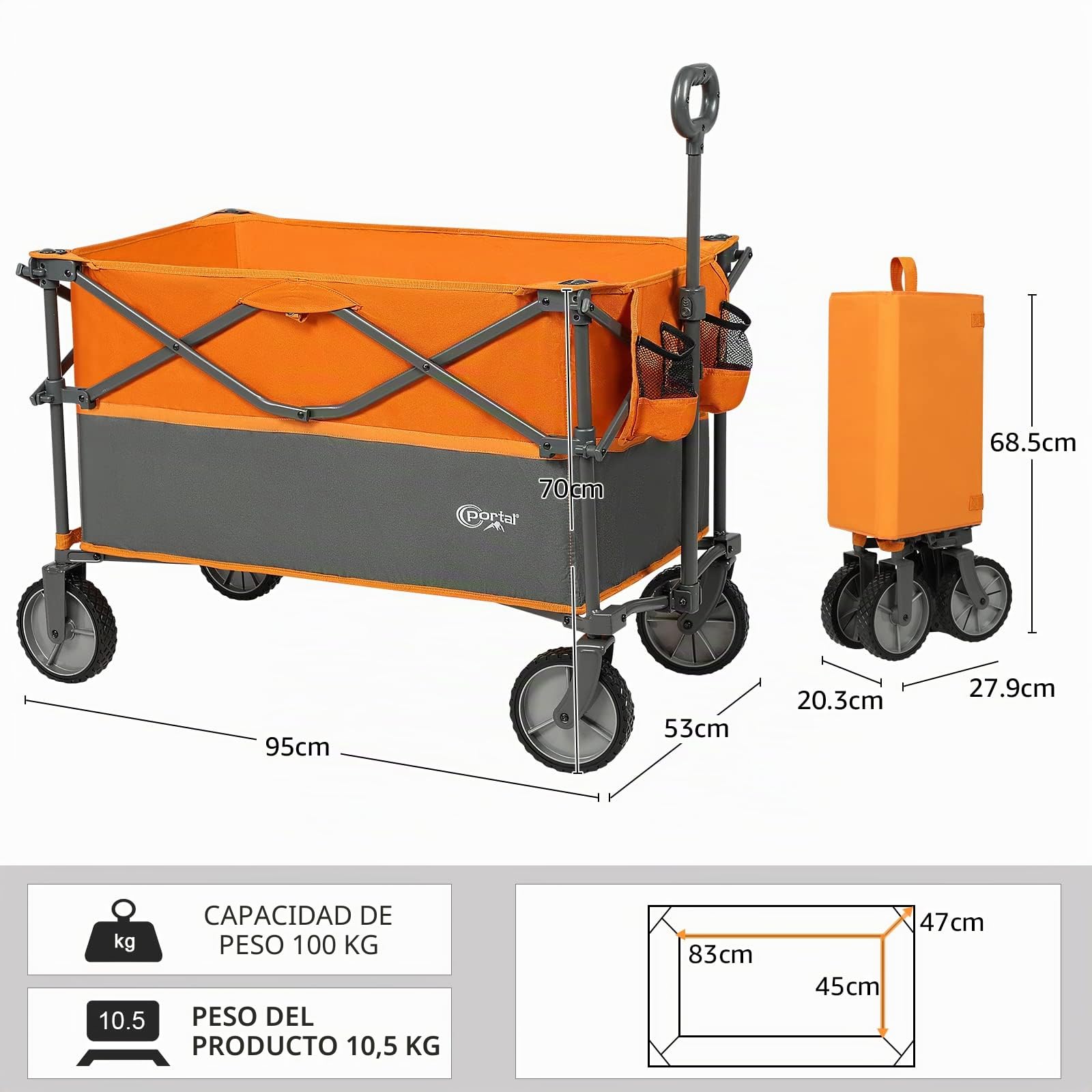 PORTAL Carro de Mano Plegable 228L con Bolsillo Lateral portavasos Carro Plegable Profundo para el jardín de Camping en la Playa