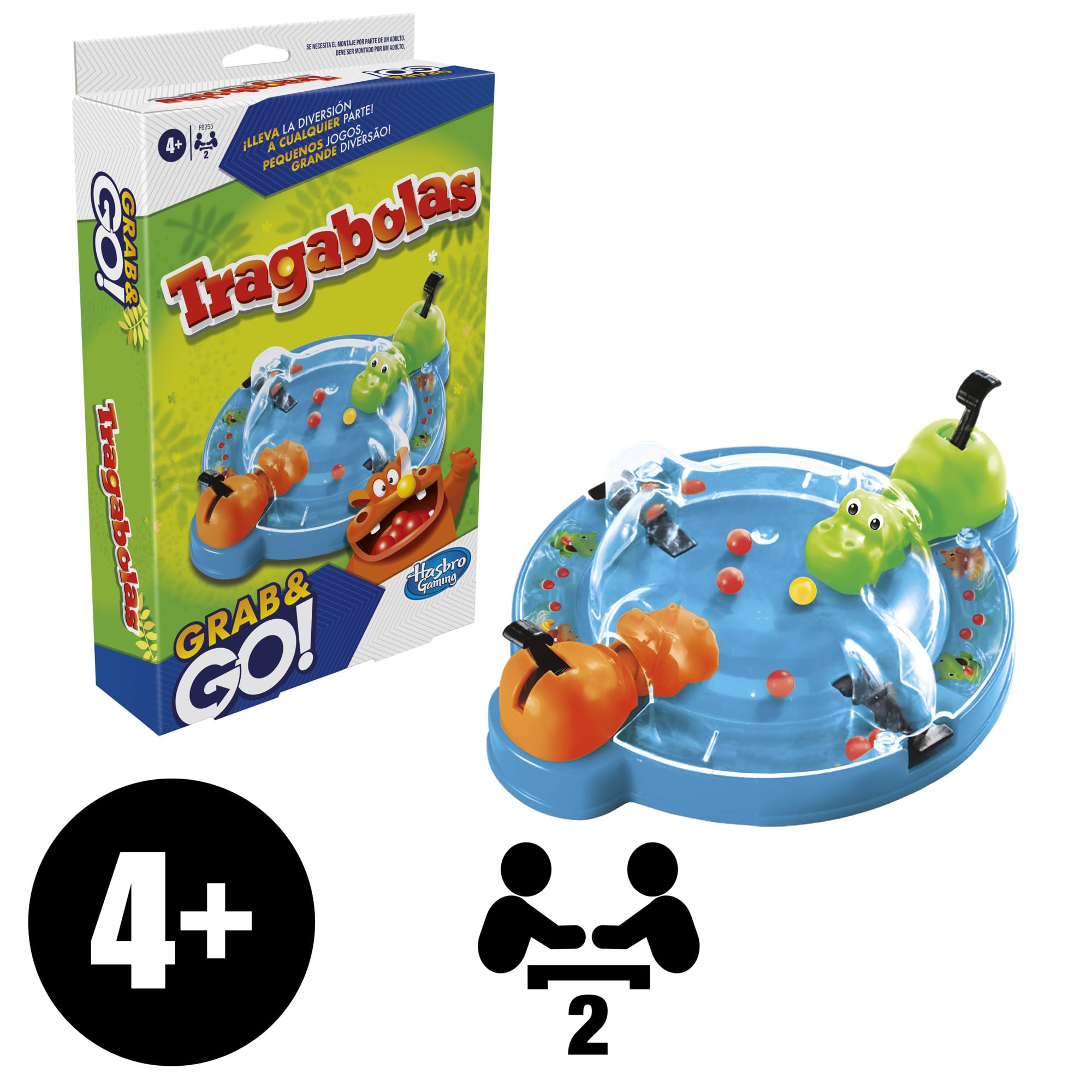 Hasbro Gaming Grab and Go Tragaboles Gry rodzinne Podróże Zabawki, Hipopotamy i strategia, 2 gracze, wydanie kieszonkowe, pomysł na prezent dla chłopców i dziewcząt w wieku 4 lat