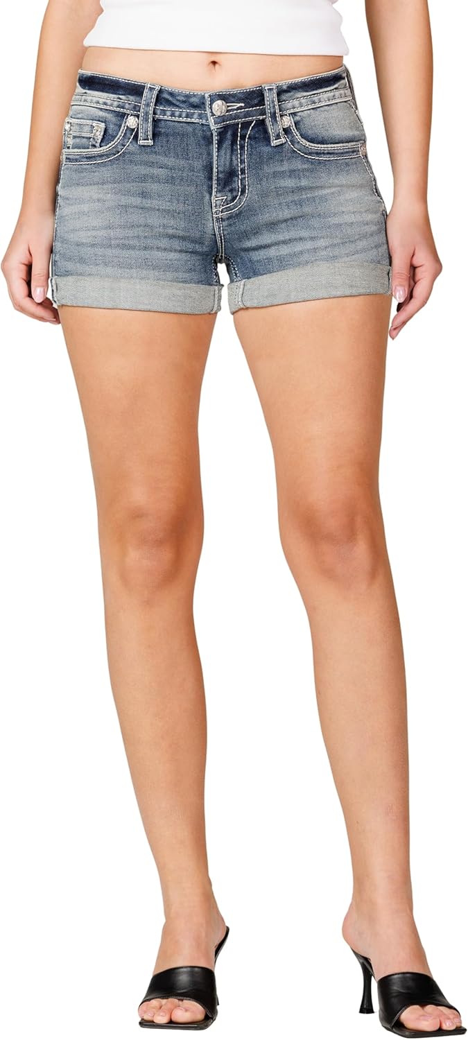 Miss Me Women's Raven Wing Faux Flap Pockets Cuffed Hem Mid-Rise Shorts