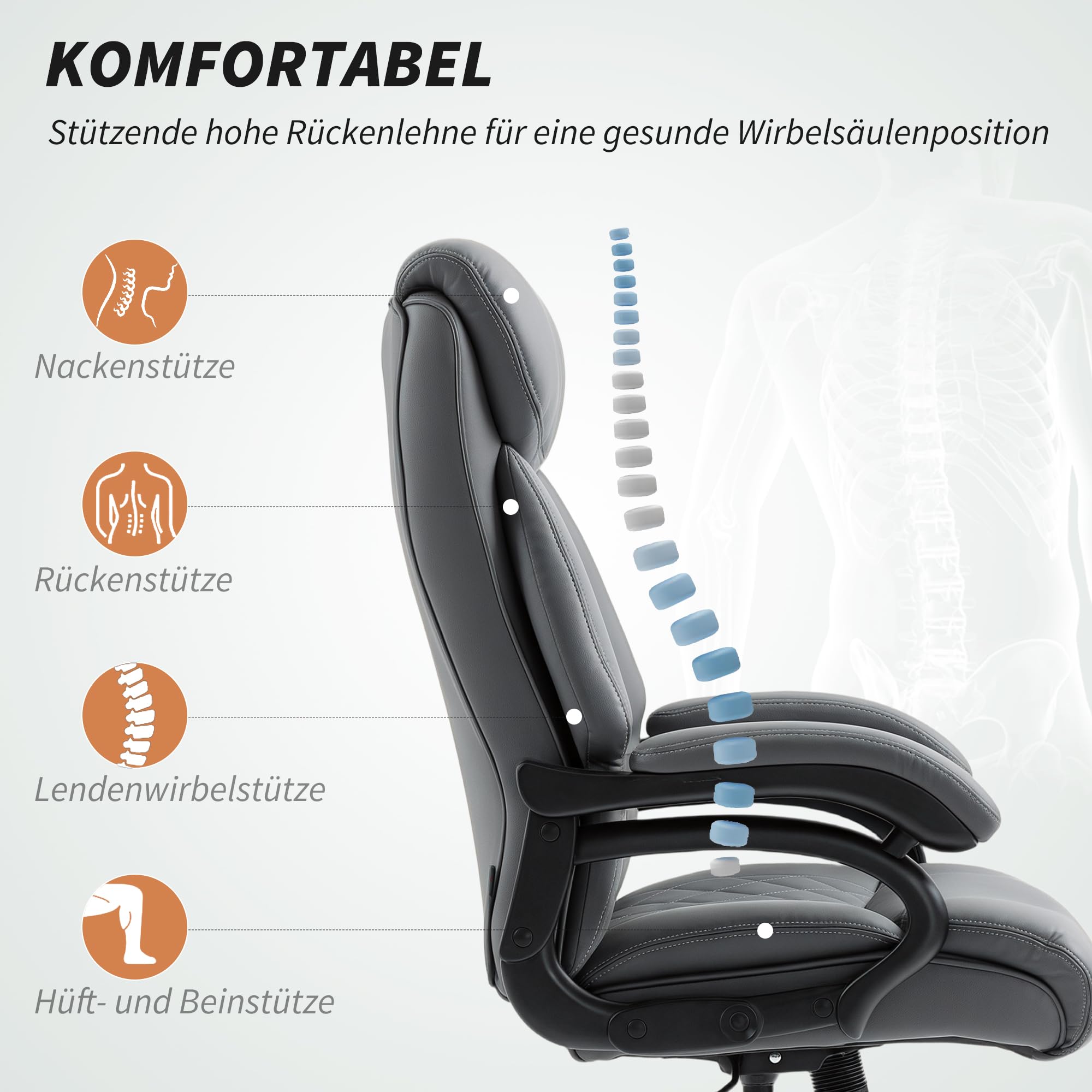 HOMCOM Bürostuhl mit Hoher Rückenlehne Wippfunktion PU-Leder Anthrazitgrau | Ergonomischer Chefsessel, Höhenverstellbarer Gepolsterter Computerstuhl, Kopfstütze, Drehbare Räder
