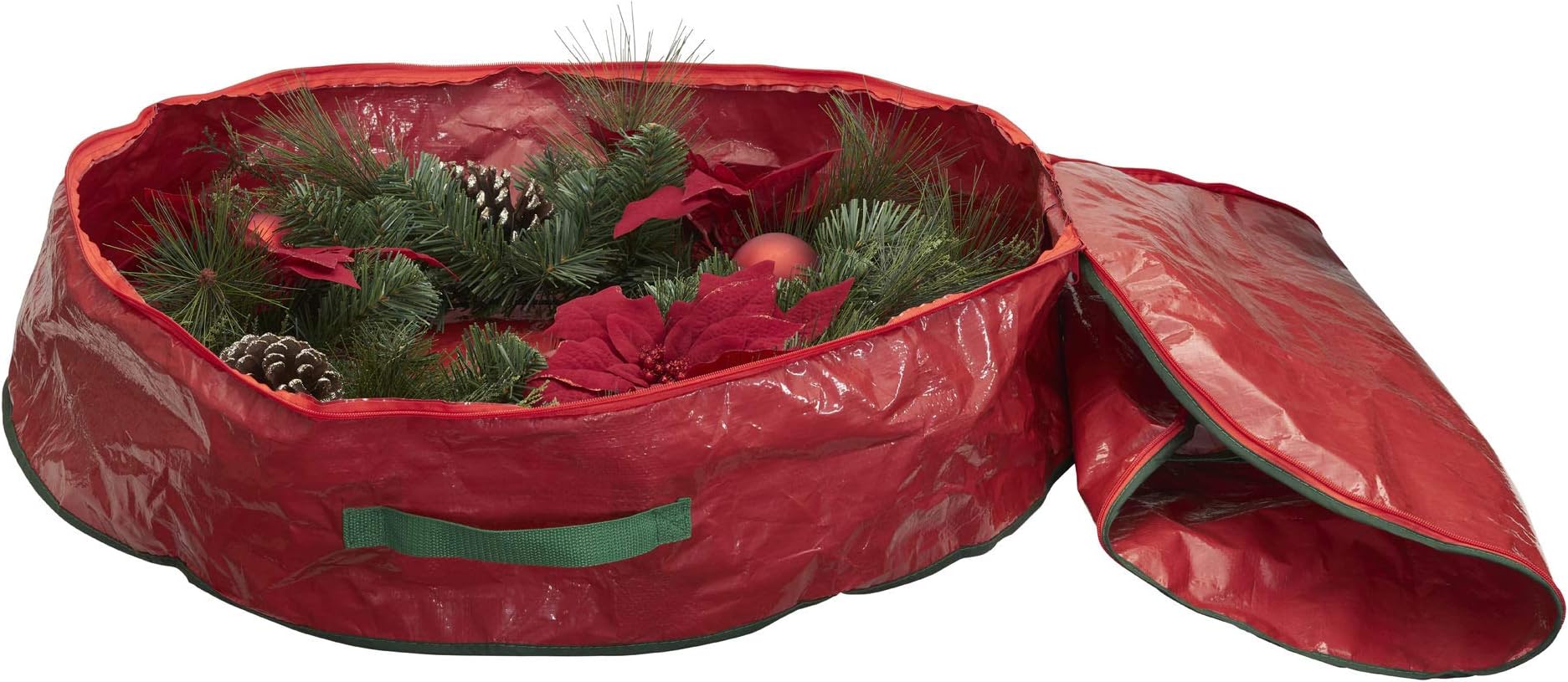 Household Essentials30" Wreath Storage Bags, Zipper Bag with Handles, Durable Tear-Resistant Plastic Keeps Out Dust, Pests, Moisture and Mold, Red with Green Trim