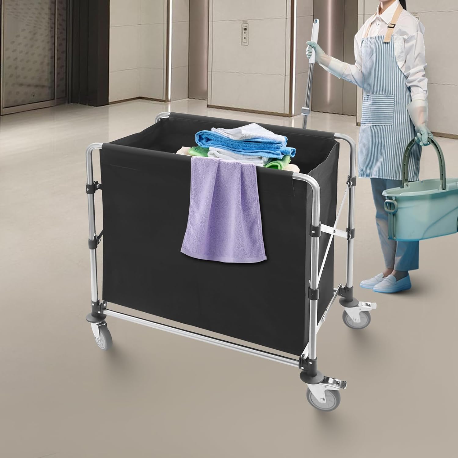 Laundry Cart with Wheels, Foldable Laundry Cart with Wheels Commercial Carts Organizer Storage Hotel Cleaning Carts Laundrys Basket for Home Hotel Offices Load-Bearing 220 Lbs (Black)