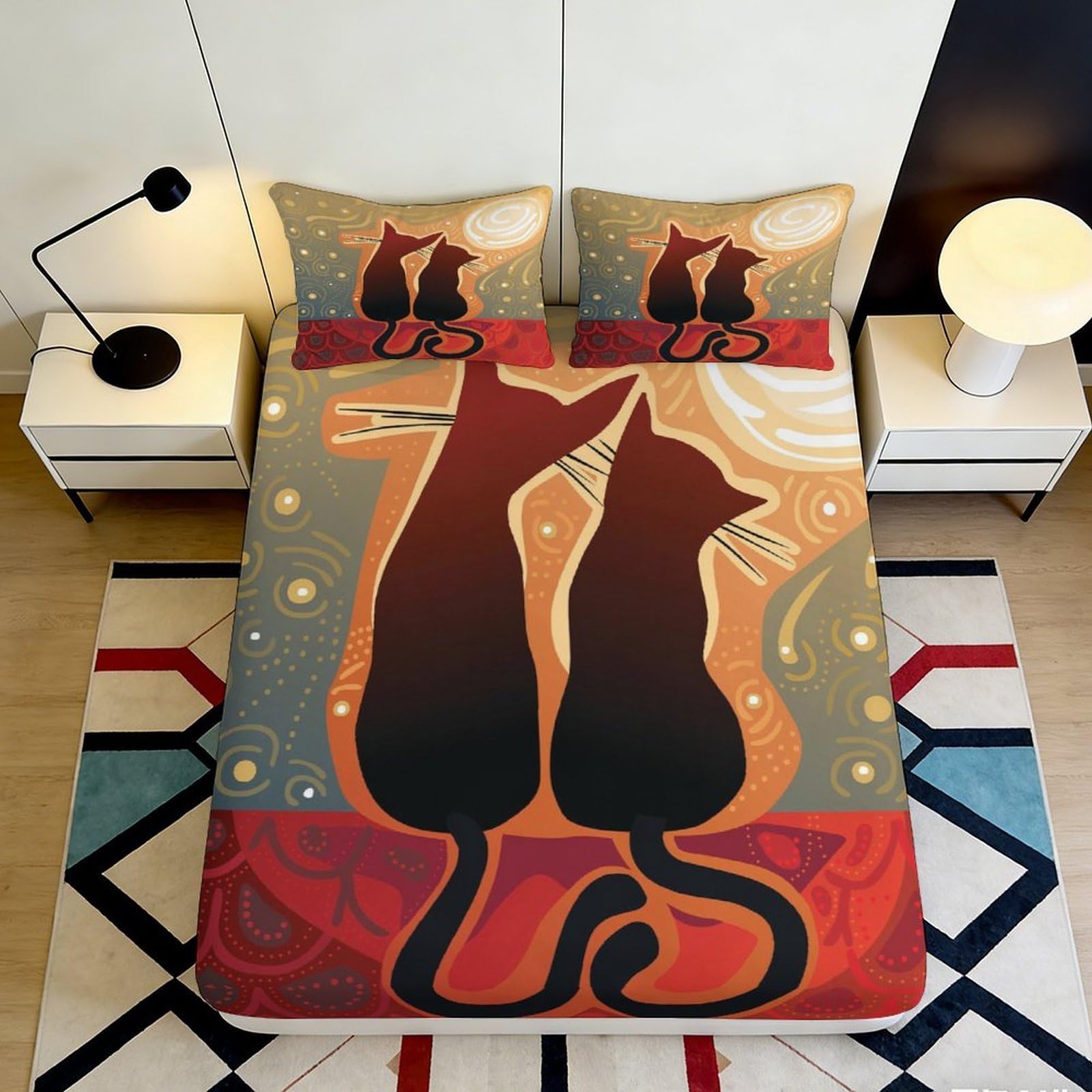 3D Printed Cat Silhouette Fitted Sheet Microfiber Soft Breathable Artistic Pattern Bed Cover for Bedroom Dormitory Guest Room Mattress Protection Decor 120x200x25cm