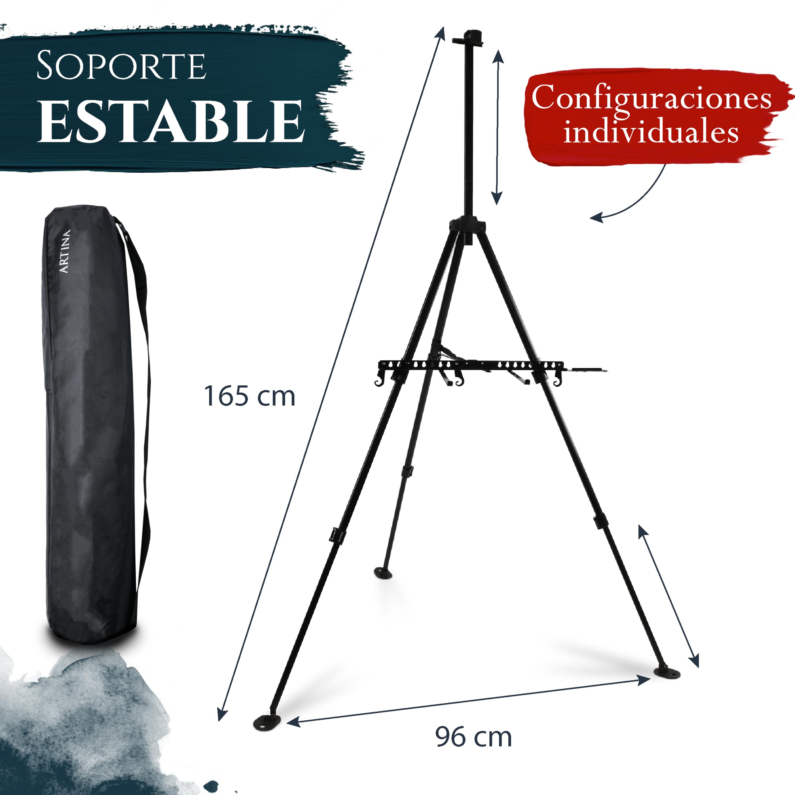 Artina Paris - Caballete de aluminio estable y portátil, para pintura sobre lienzo a 82 cm, caballete de pintura ligera, ajustable en continuo y soporte de cepillo integrado