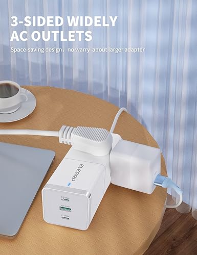 Miniatura 6 de ELEGRP Regleta de alimentación 6 en 1, 3 tomas de corriente ampliamente espaciadas, 3 puertos de carga USB, 1200 W con cable de extensión de 5 pies,