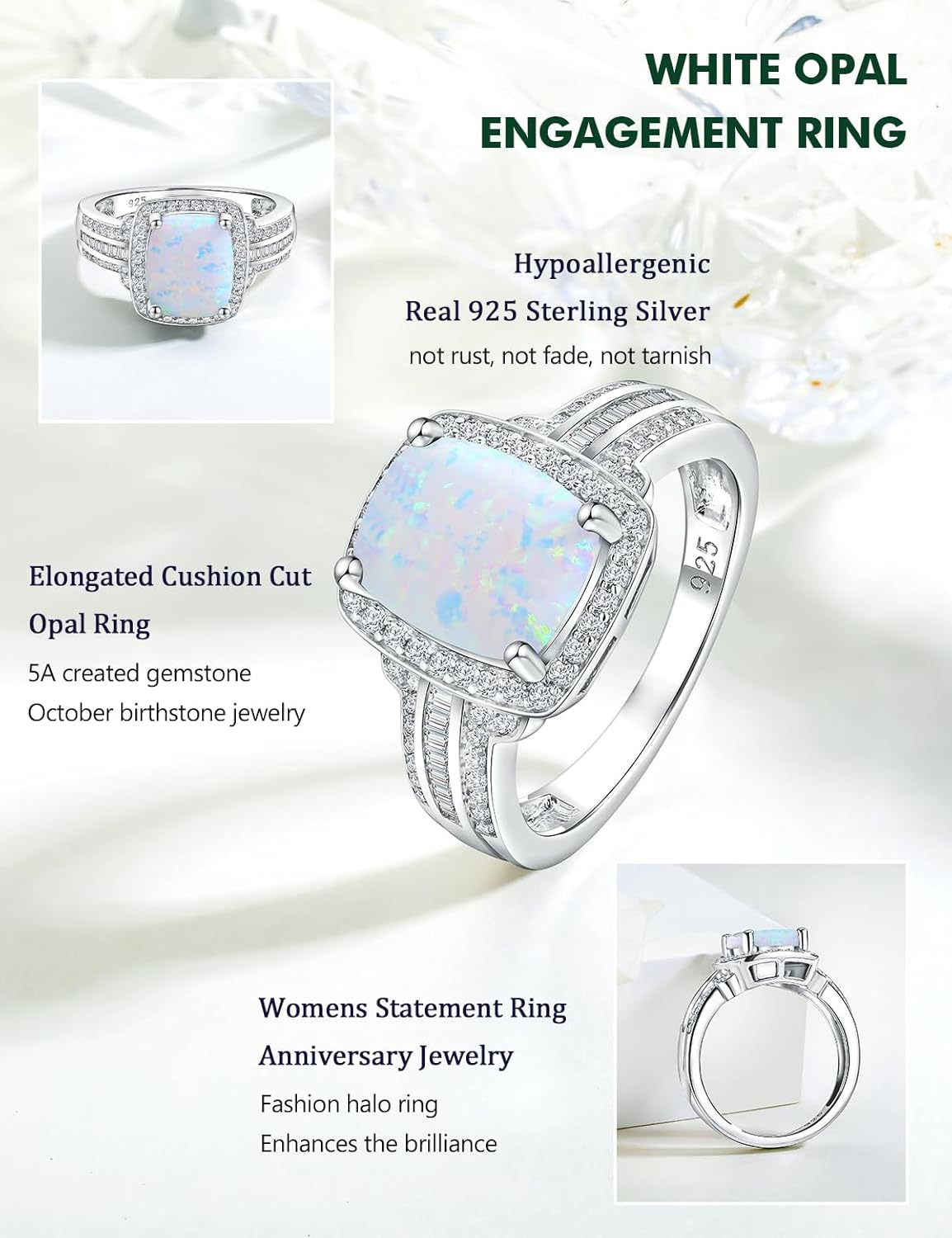 Womens Engagement Ring 925 Sterling Silver Oval Elongated Cushion Cut Sapphire/Ruby/Emerald/Opal Gemstone Anniversary Statement Cocktail Halo Ring Size 6 to 10 (with Gift Box) - Image 5