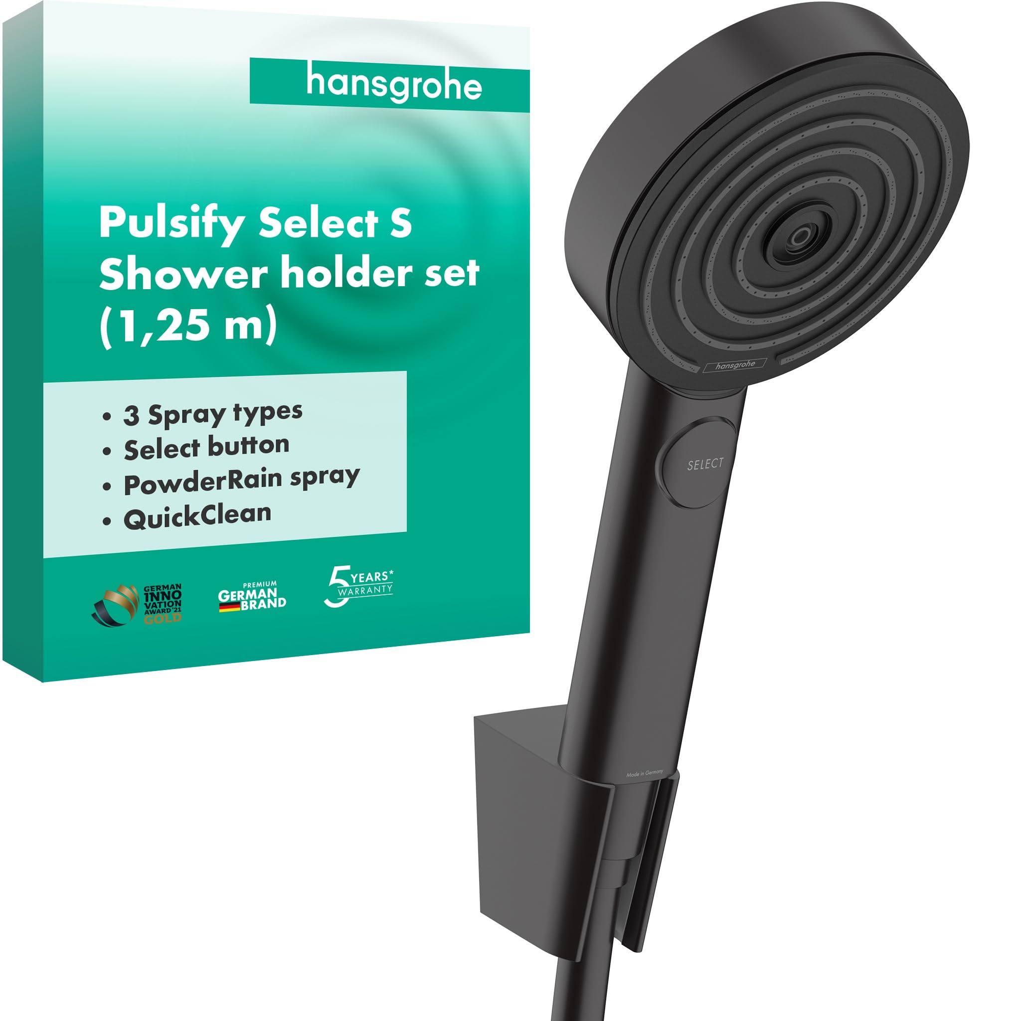 hansgrohe Pulsify Select S Set supporto doccia 105 3 tipi di getto Relax con flessibile 125 cm, nero opaco, 24302670