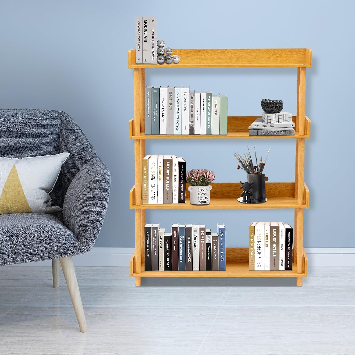 4-Tier Wooden Open Bookcase - Modern Display Bookshelf with Top Edge and Solid Wood Frame for Home, Office, Library Storage Cabinet,Oak Color 3.07 * 9.45 * 41.73in