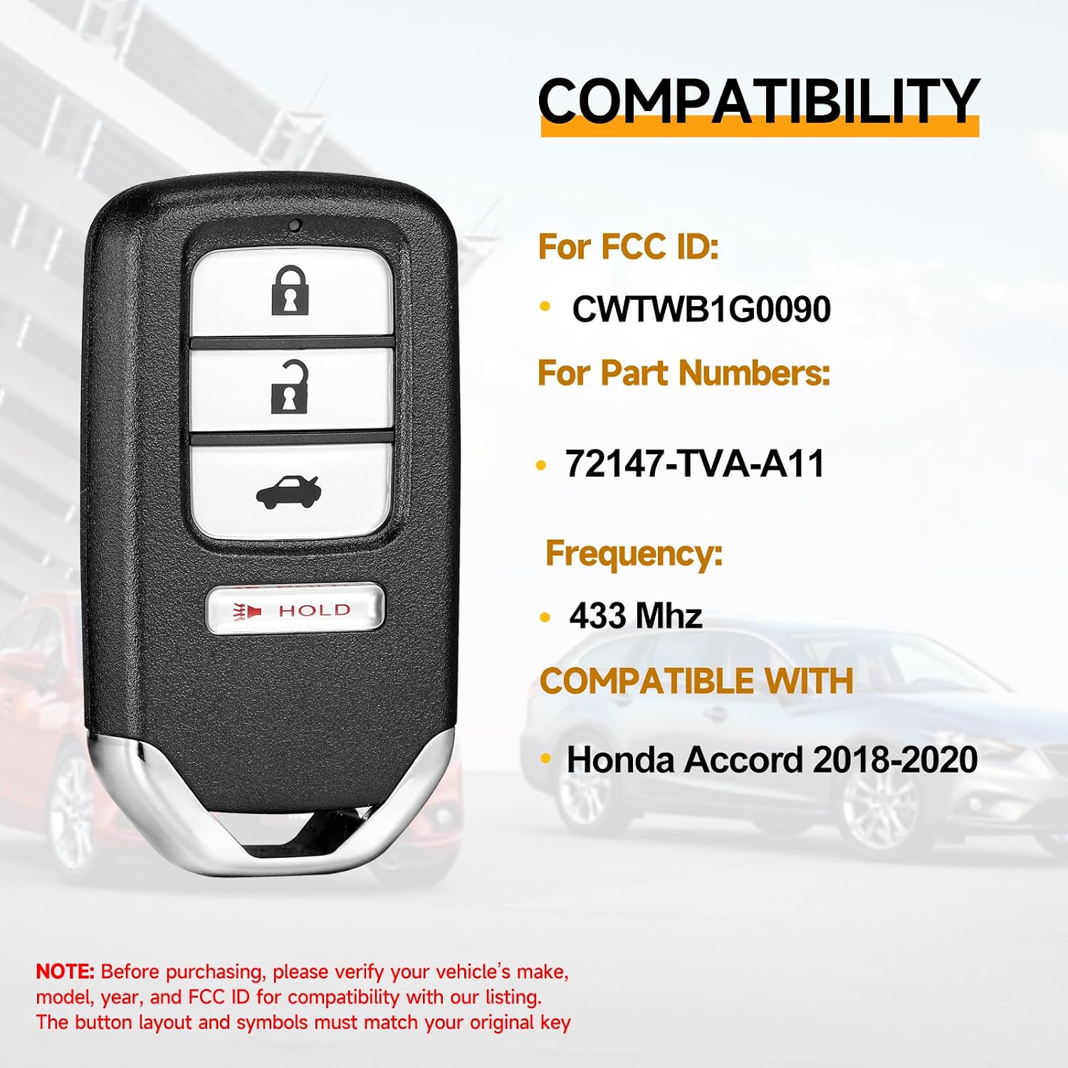 Smart Key Fob Replacement Fits for Honda Accord 2018 2019 2020 Car Keyless Entry Remote CWTWB1G0090 72147-TVA-A11 433MHz image 2