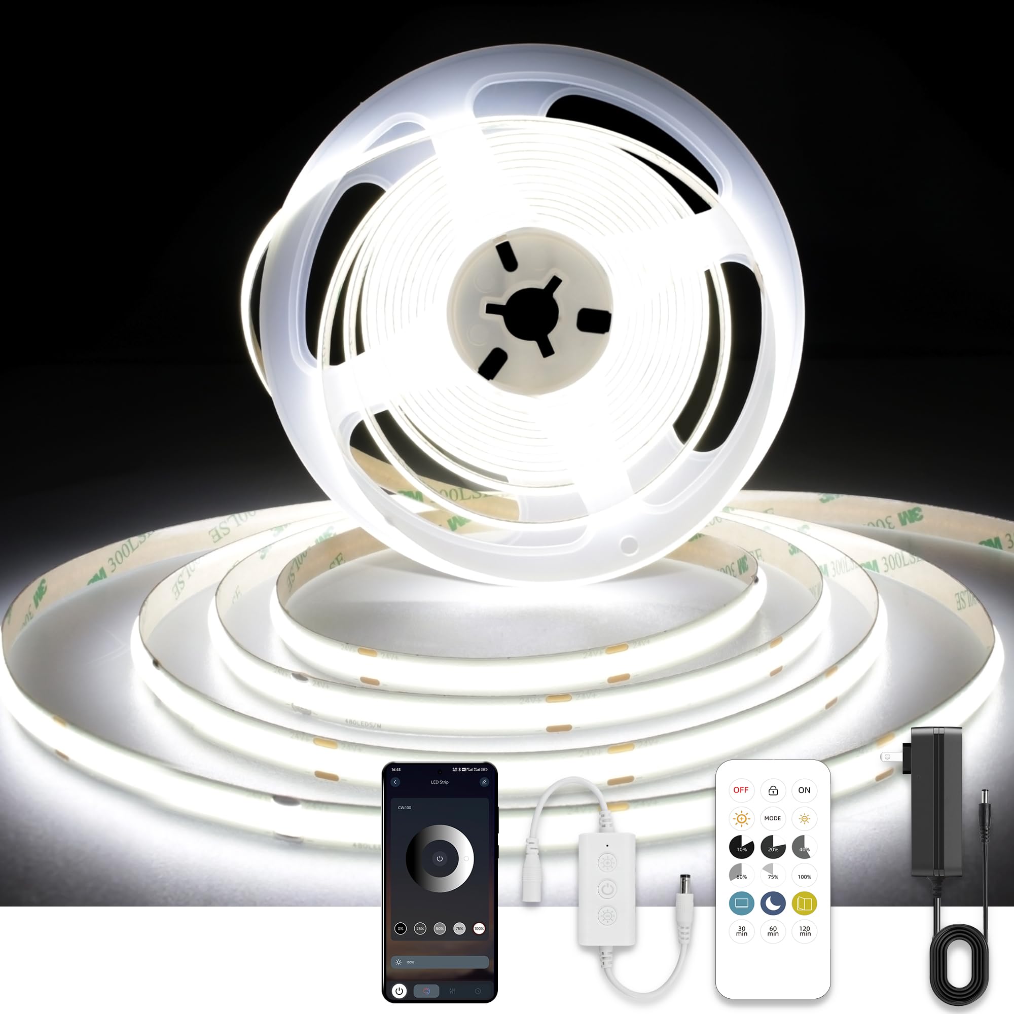 AXMOTUT COB LED Strip Lights with Remote, 24V 9.84ft White Dimmable LED Light Strips, High Bright 6000K LED Lights with Power Supply for Room, Kitchen