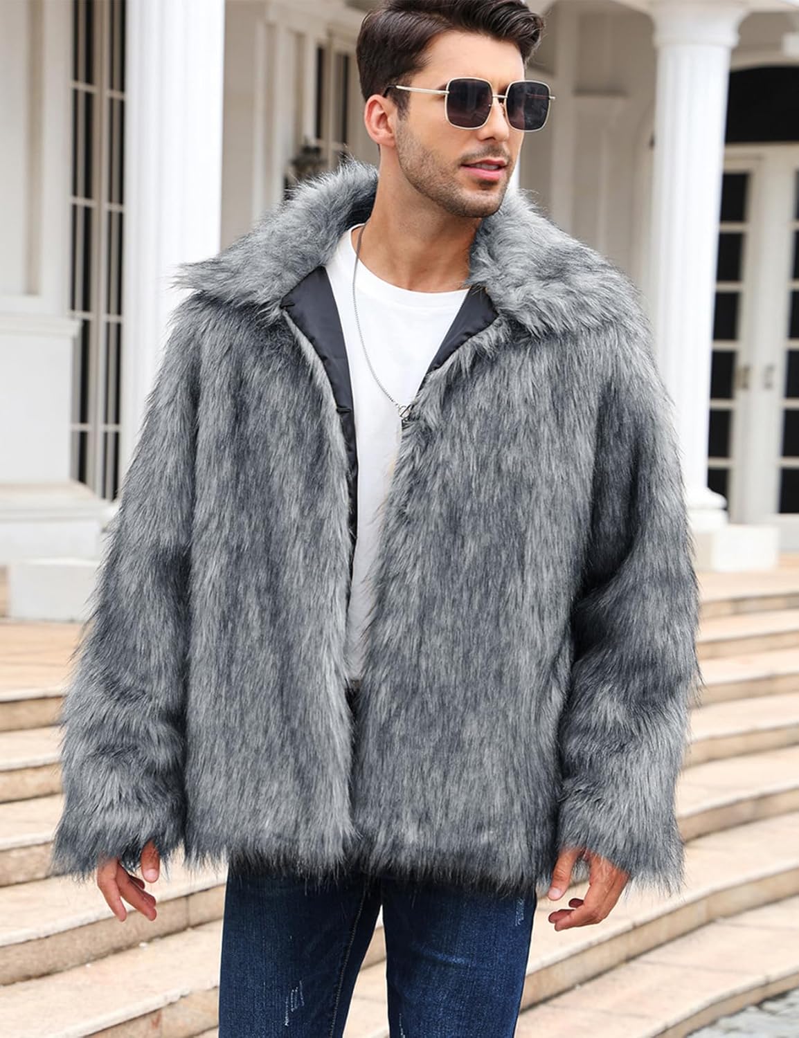 Yimoon Mens Faux Fur Coat Winter Luxury Fluffy Jacket Warm Lapel Collar Furry Parka Jacket Overcoat - Image 5