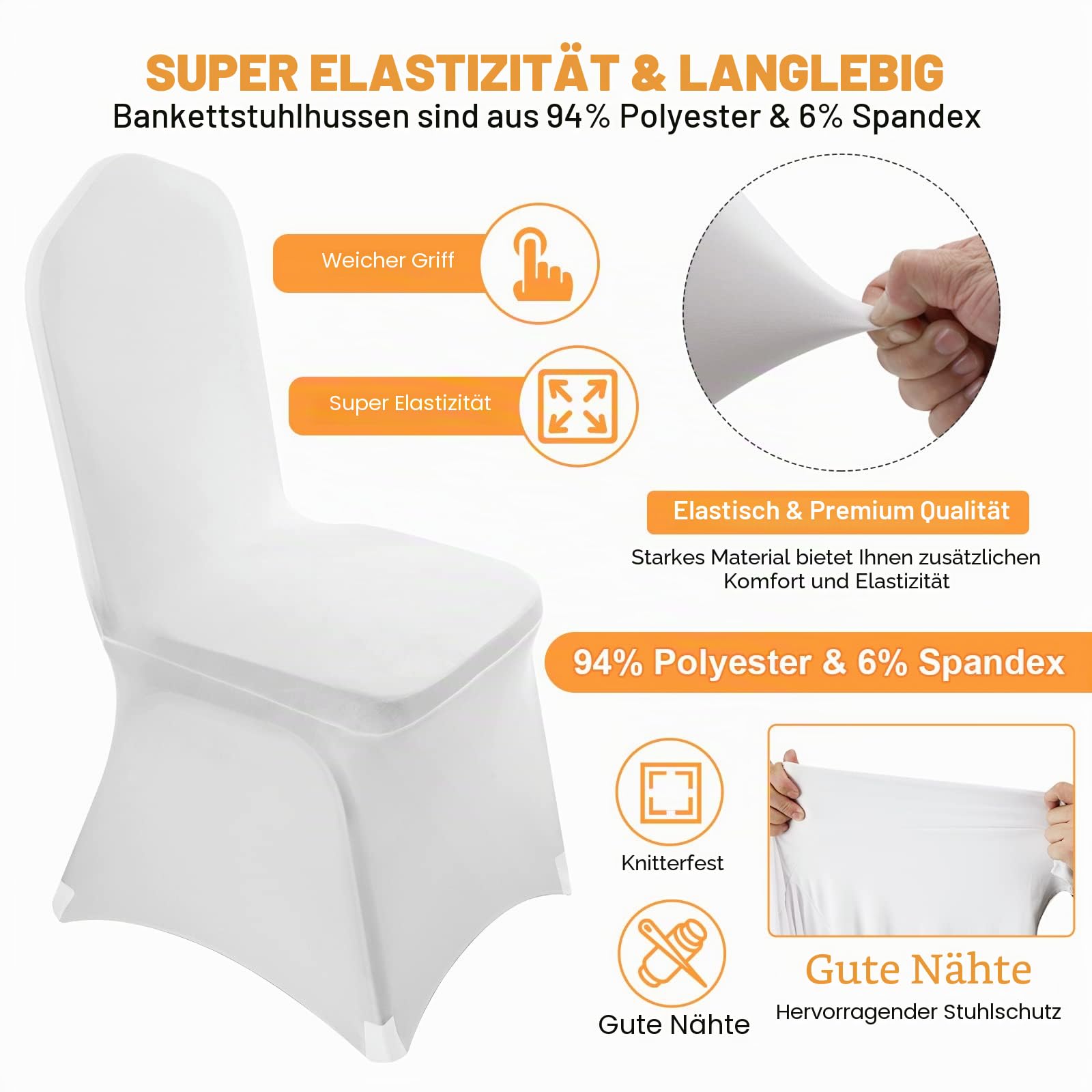 VELPAX Stuhlhussen 50 Stück, Universell Stuhlhussen Weiß Polyester, Elegante Stuhl Stuhlbezüge Elasthan Spandex Waschbarer für Taufe Geburtstag Hochzeit Bankett Dekoration