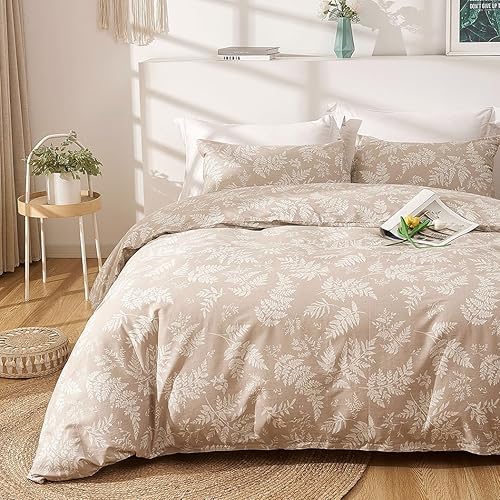 Lekesky Juego de funda de edredón de algodón tamaño Queen, diseño de hojas rosadas carne, juego de ropa de cama floral para todas las estaciones,