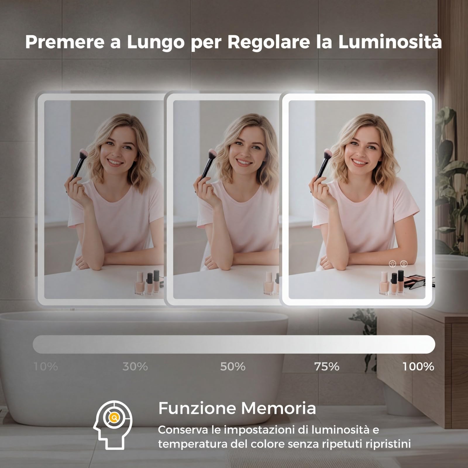 COSTWAY Specchio Bagno Rettangolare con Luce 80 x 60 cm | Speccho da Parete Retroilluminato Dimmerabile con 3 Colori di Illuminazione e Anti-Appannamento, Vetro Temperato Antiesplosio