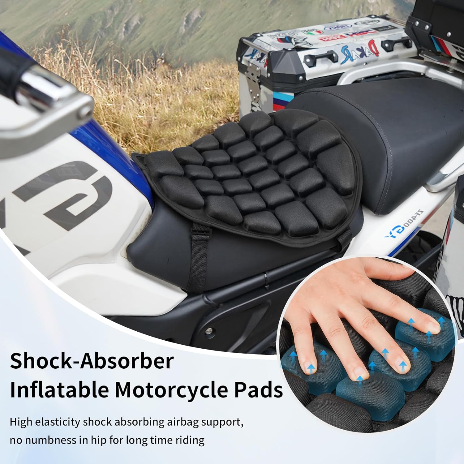 JFT Motorcycle Seat Cushion Covers Air Pad, Pressure Relief Ride Motorcycle Air Cushion Large for Cruiser Touring Saddles (Black)