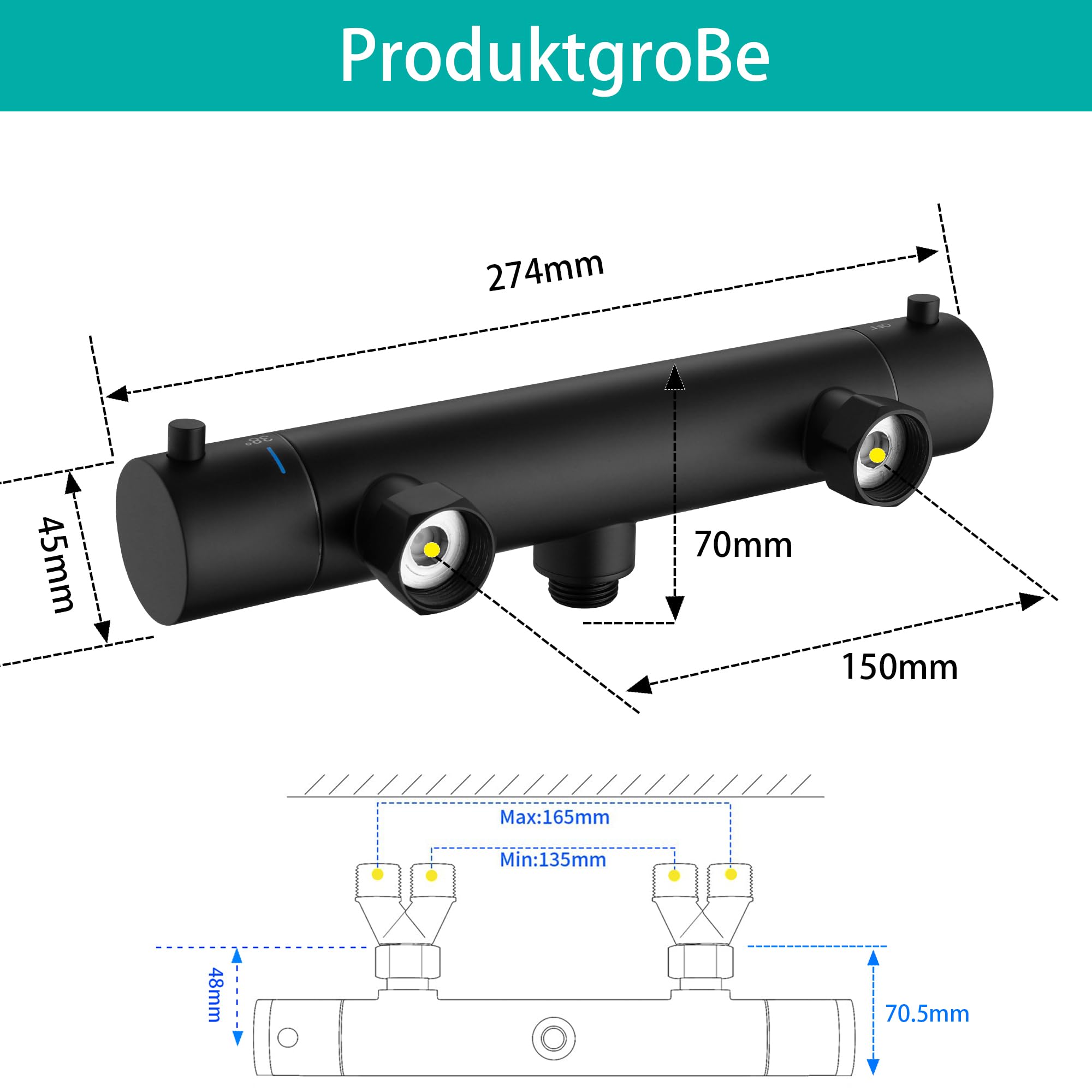 Duscharmatur mit Thermostat Schwarz Duschsystem Komplettset | Aufputz Mischbatterie Dusche Komplett 38°C Anti Verbrennung, Regendusche für Badezimmer, Badewanne & Wohnmobil