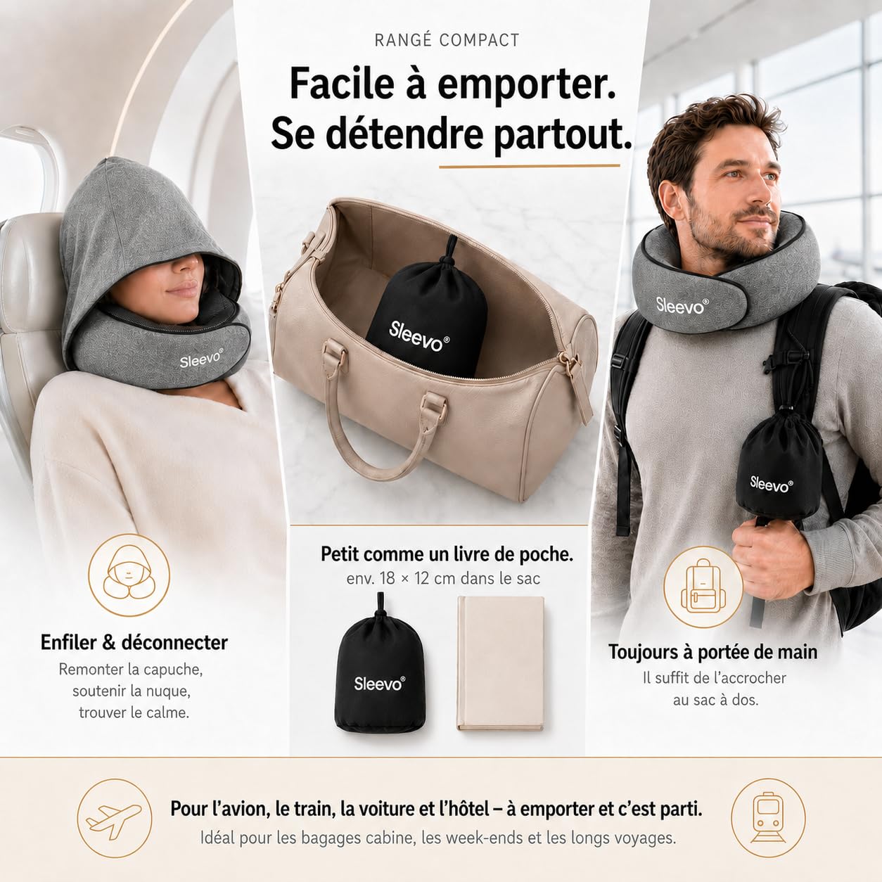 Pro Coussin de Nuque, Coussin de Voyage Avion - Coussin de Nuque de Voiture - Cale-Nuque pour Adulte - avec Capuche - Doux et Respirant (Gris L)
