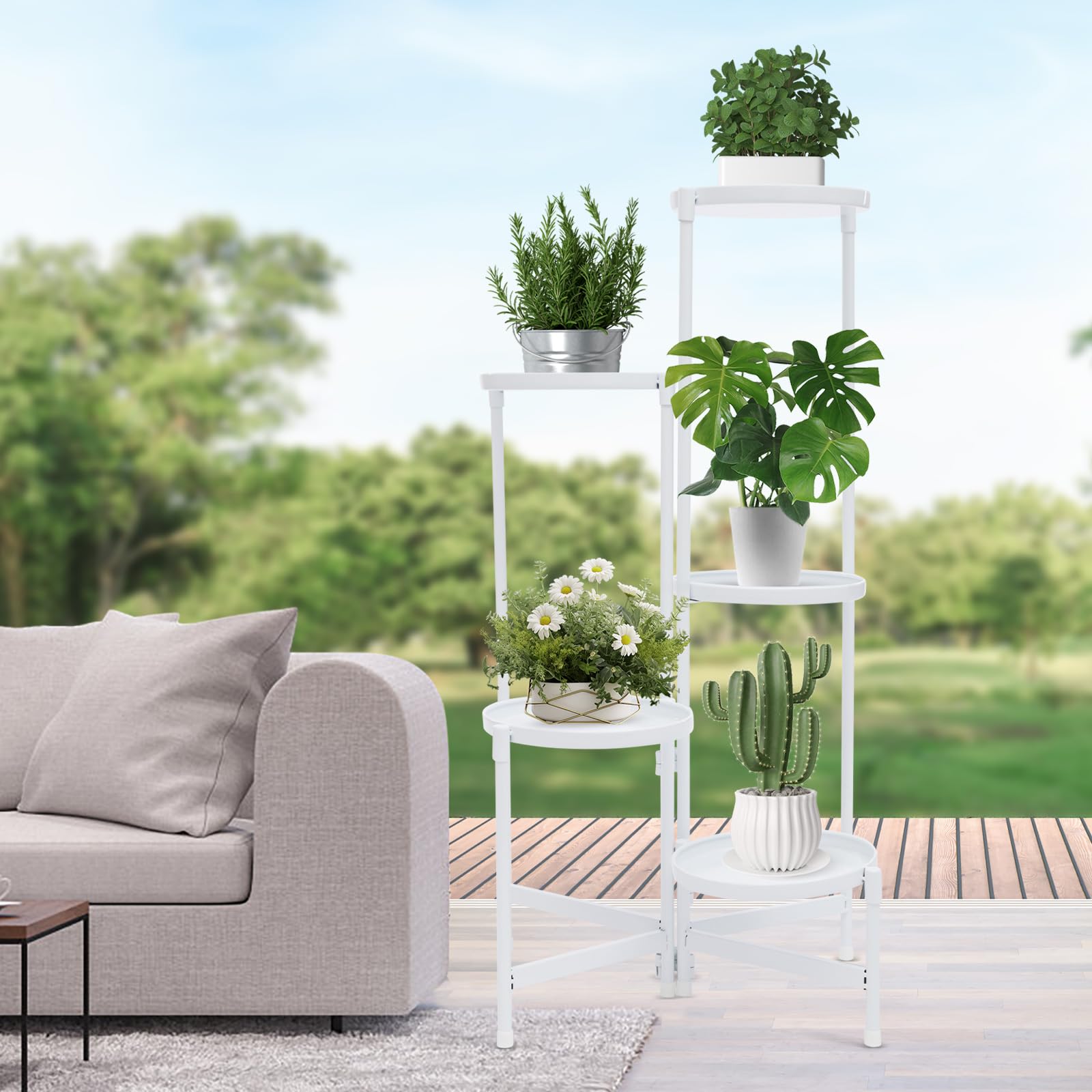 MINRS Supporto per piante a 5 ripiani, in metallo, bianco, per più piante, per terrazza, giardino, angolo, balcone, soggiorno